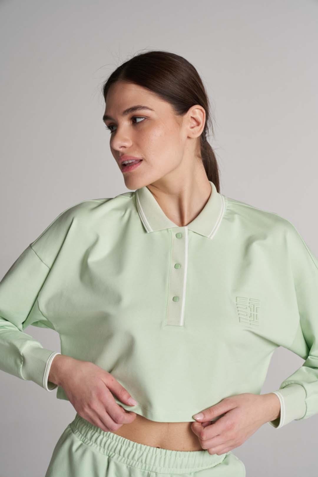 Waffle Print Detail Modern Fit Crop Polo - Green