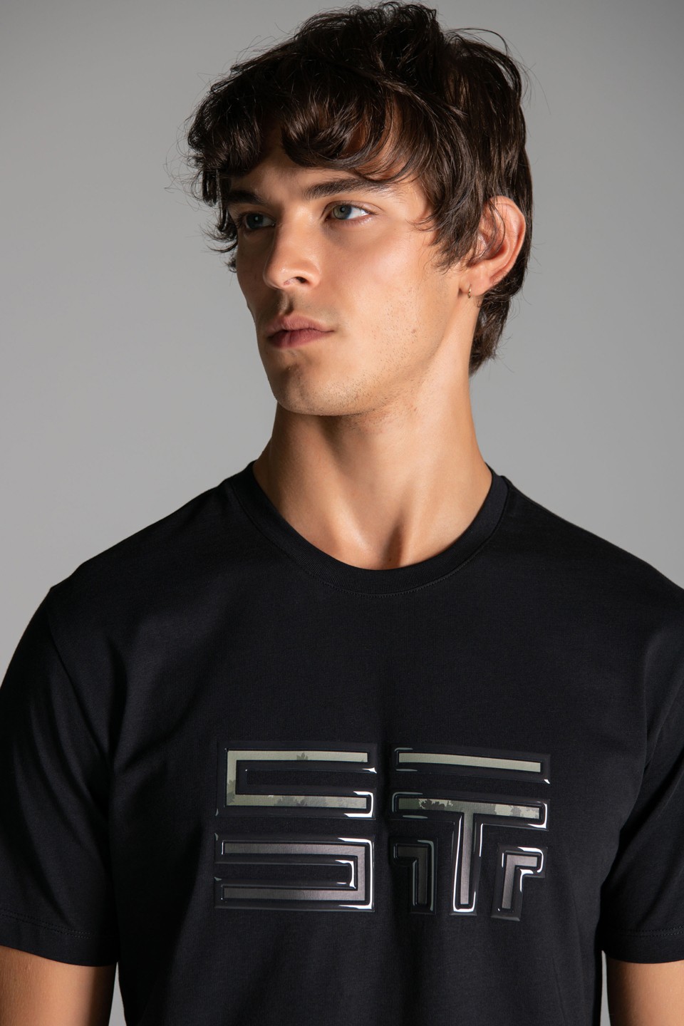 ST Monogram Jel Baskı Detaylı T-Shirt - Black-Khaki
