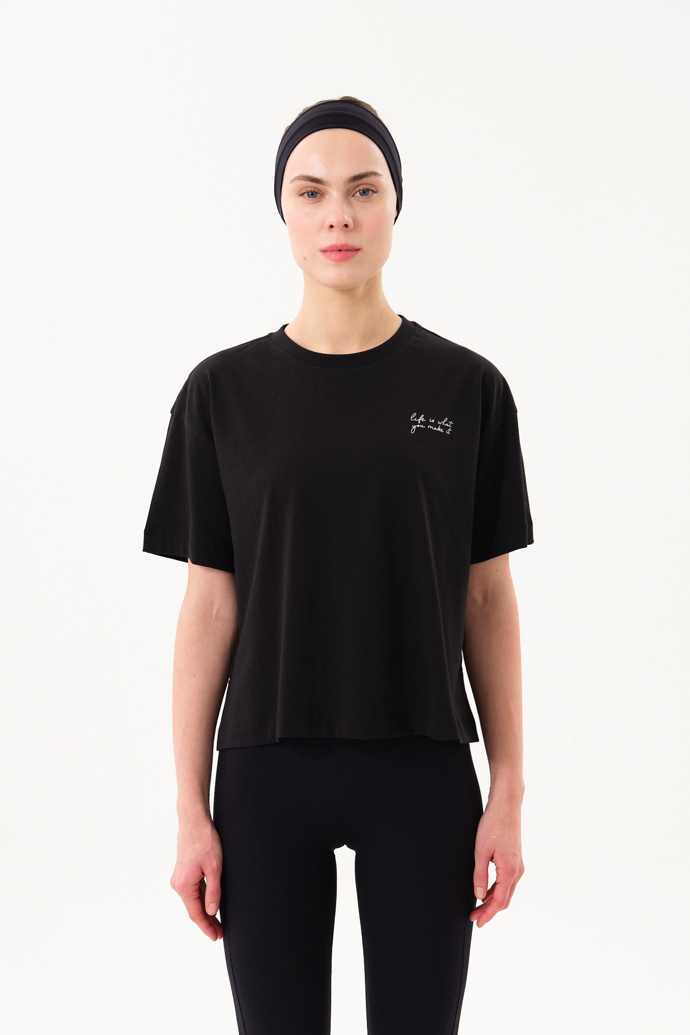 Kadın Baskılı Bisiklet Yaka T-Shirt - Black