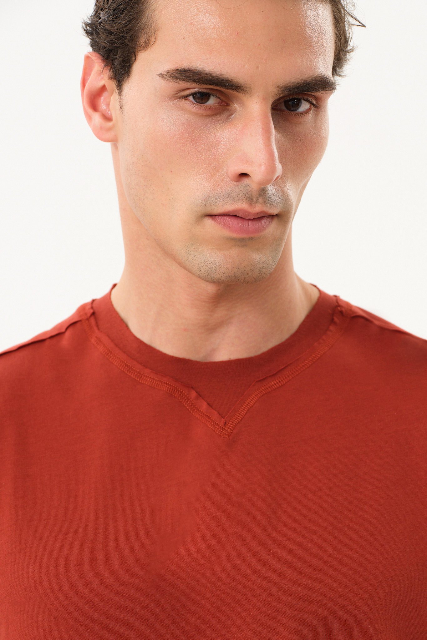 Eskitme Detaylı Erkek Oversize Bisiklet Yaka T-Shirt - Kiremit