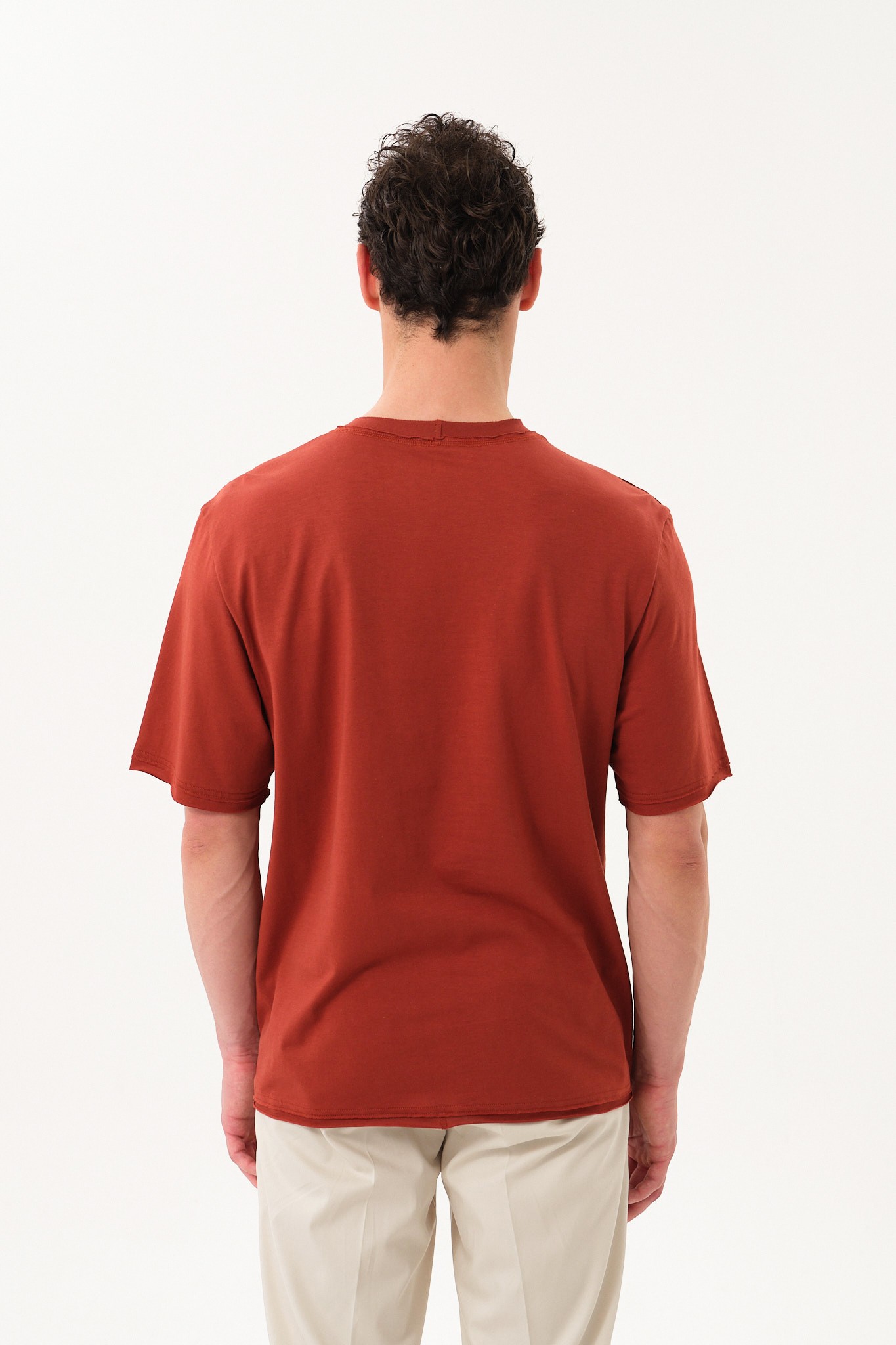 Eskitme Detaylı Erkek Oversize Bisiklet Yaka T-Shirt - Kiremit