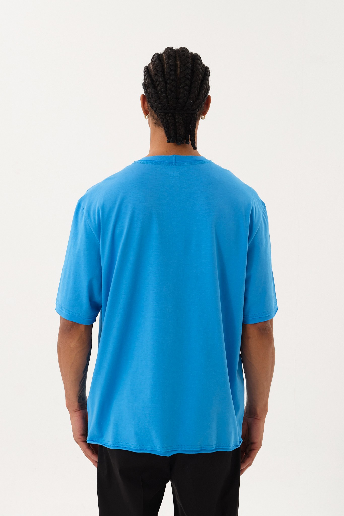 Eskitme Detaylı Erkek Oversize Bisiklet Yaka T-Shirt - Mavi