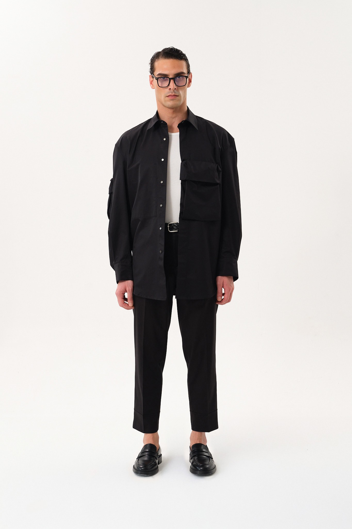 Snap Button Oversized Shirt Jacket with Pocket Detail - Black