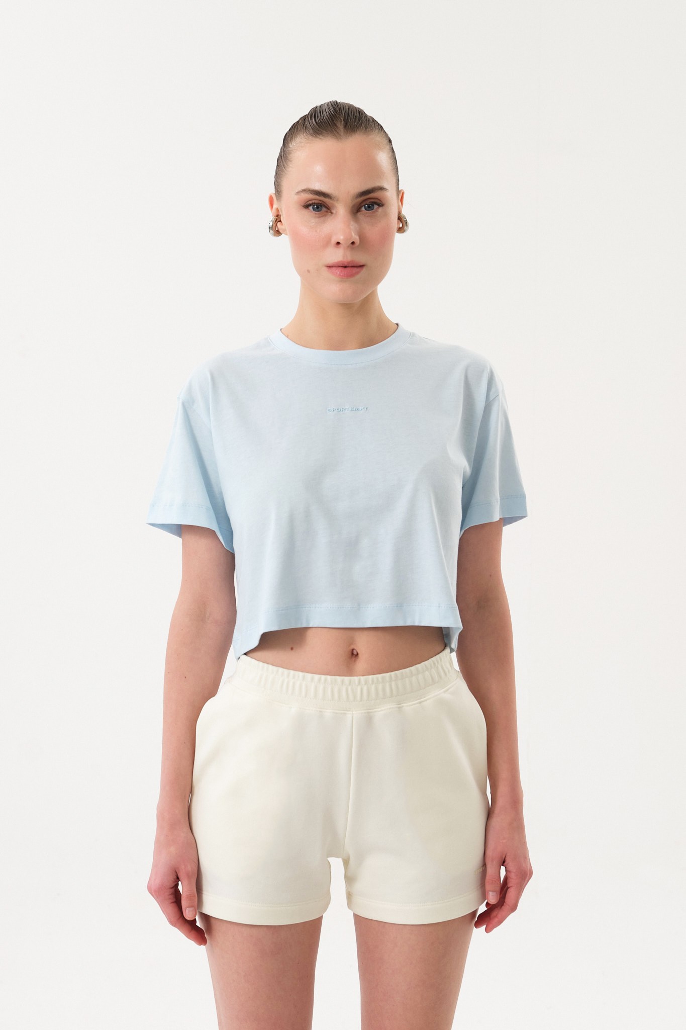 Bisiklet Yaka Kadın Crop T-Shirt - Mavi