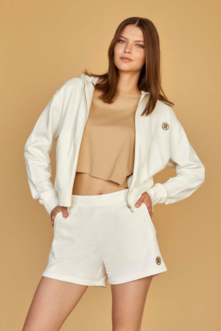 Gold Arma Baskılı Modern Fit Yumuşak Dokulu Fermuarlı Kapüşonlu Hırka - Ekru