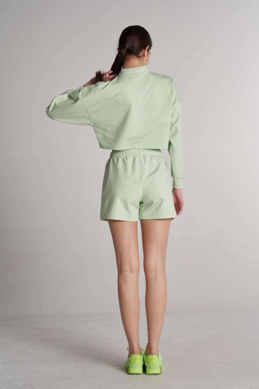 Waffle Print Detail Modern Fit Crop Polo - Green
