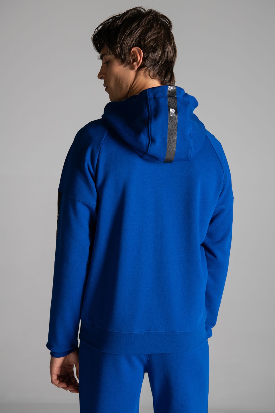 Monogram Şerit  Baskı Detaylı Fermuarlı Kapüşonlu Sweatshirt - Mavi