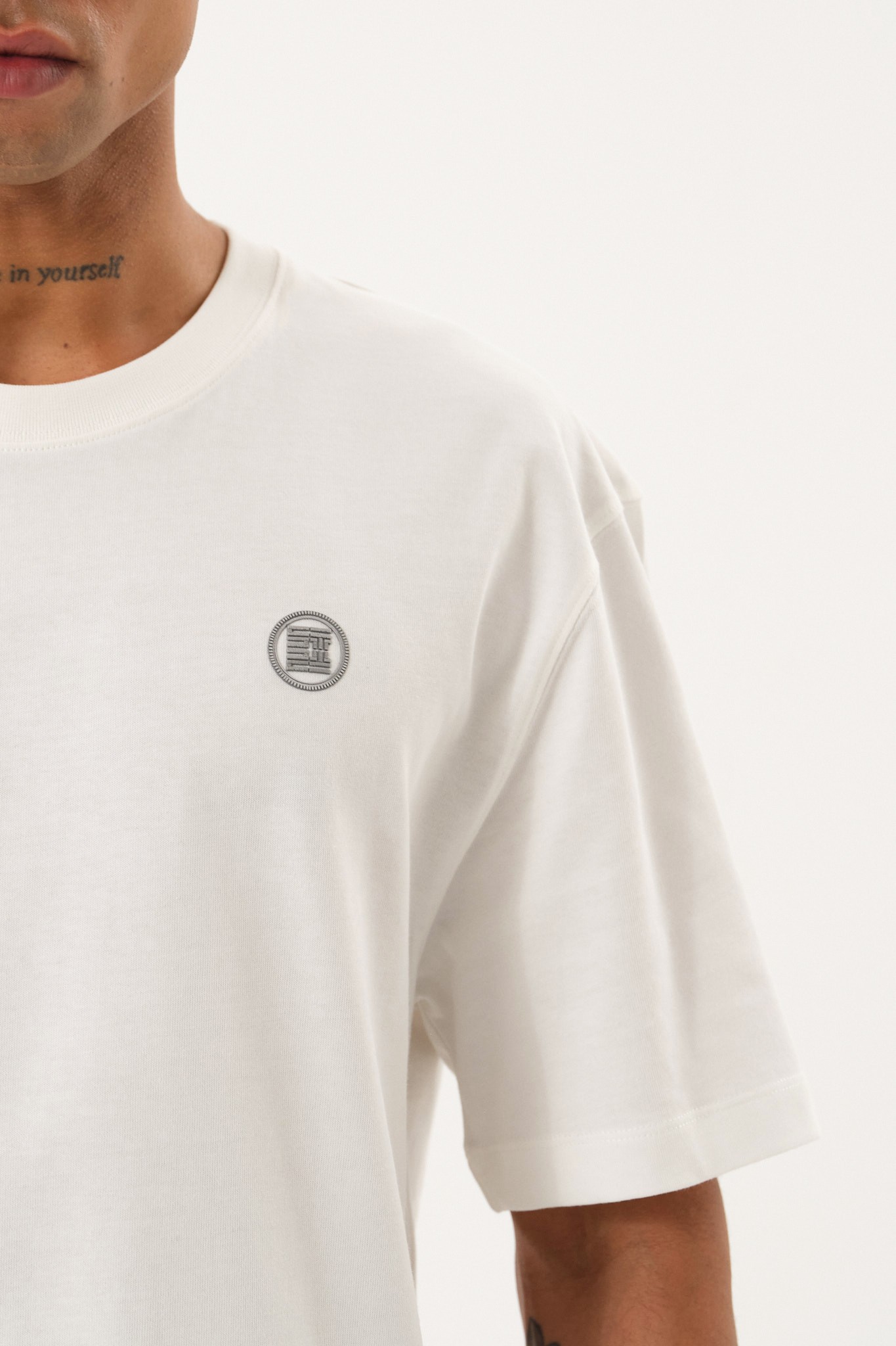 Erkek Oversize Bisiklet Yaka T-Shirt - Ecru
