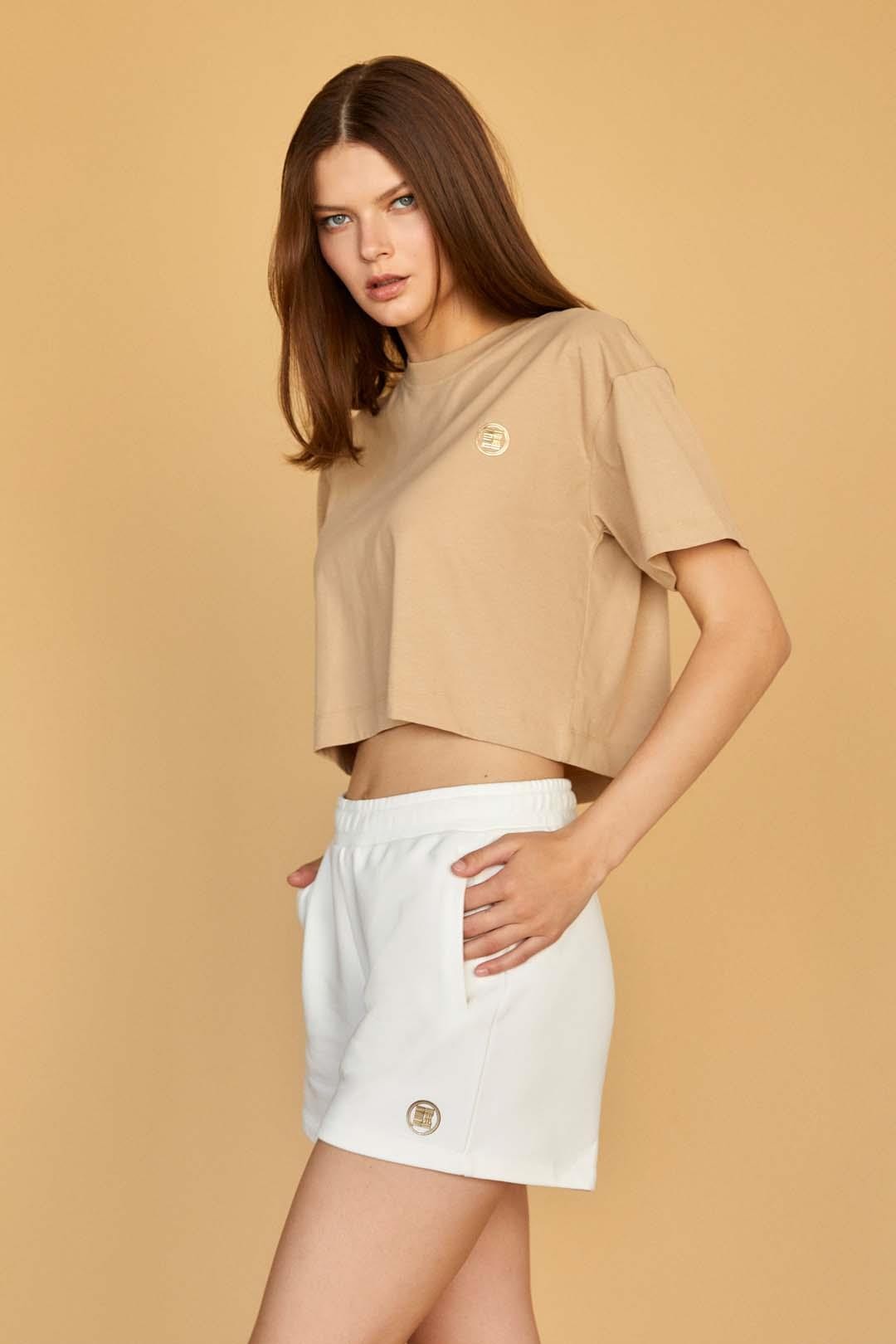 Gold Patch Printed Modern Fit Cotton Short T-Shirt - Beige