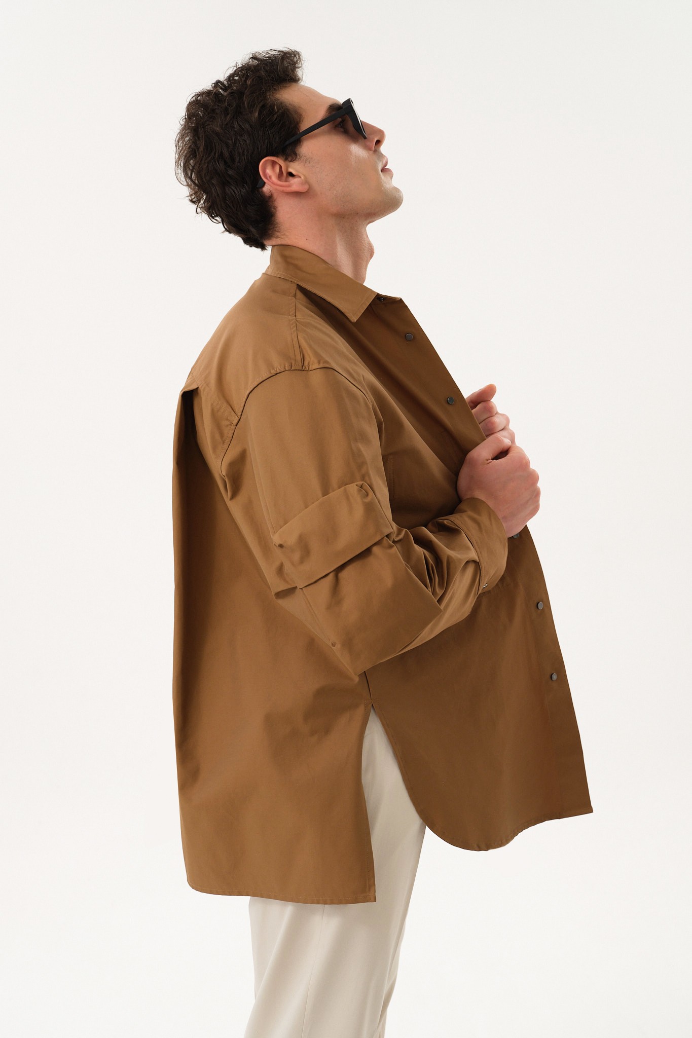 Snap Button Oversized Shirt Jacket with Pocket Detail - Camel