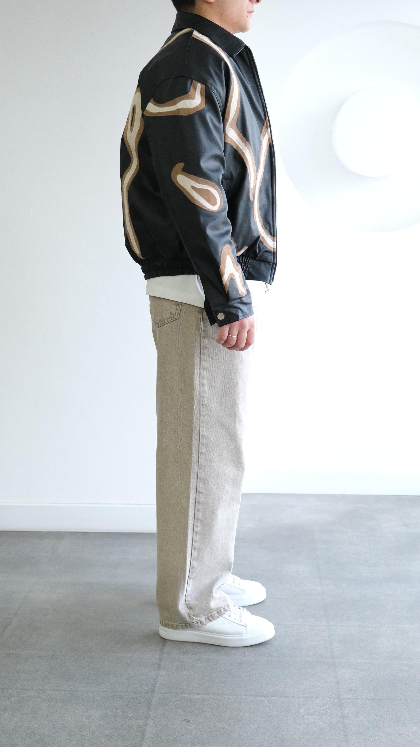 Baskı Detaylı Siyah Bomber Deri Ceket