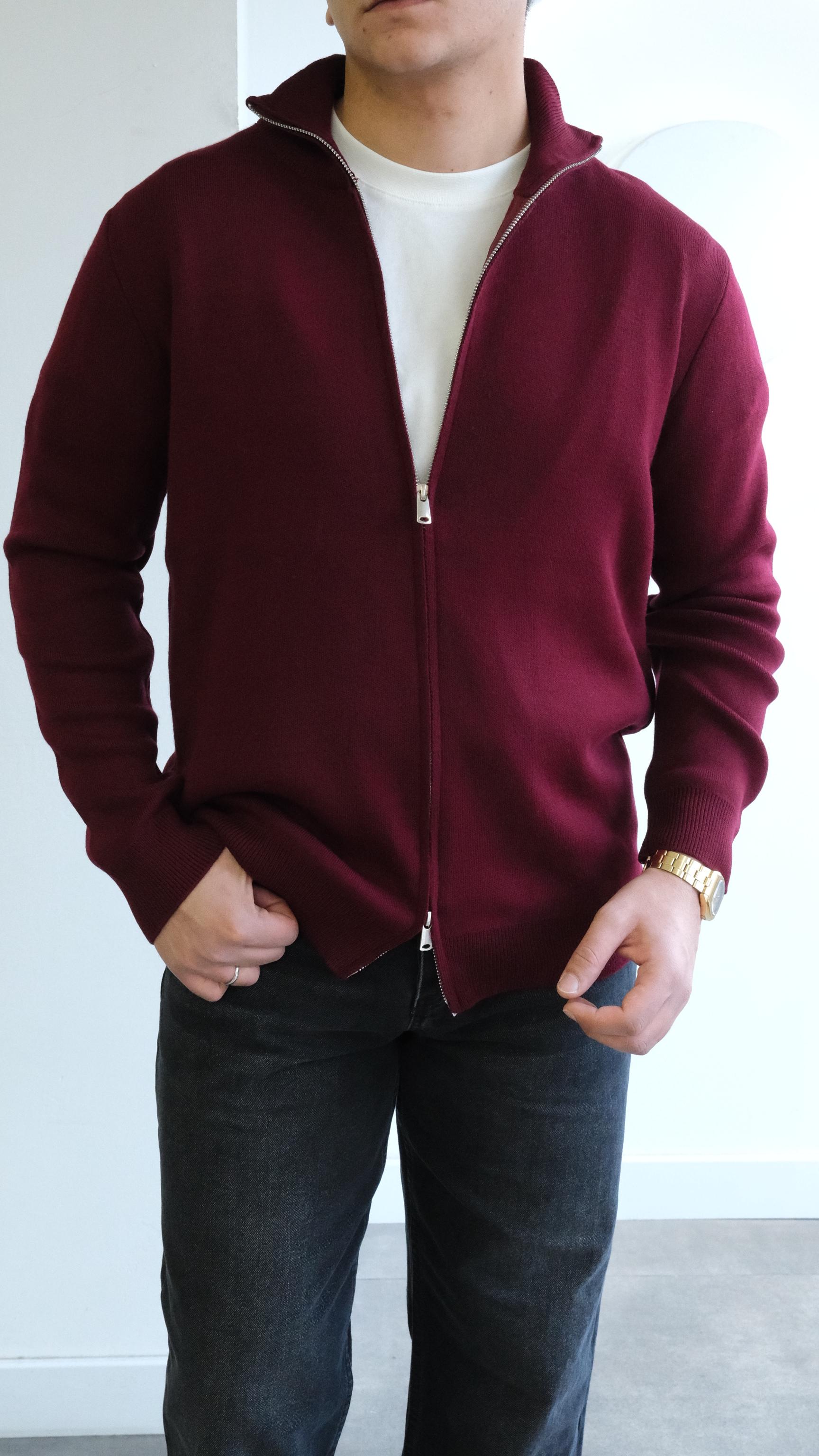 Bordo Fermuarlı Örme Hırka