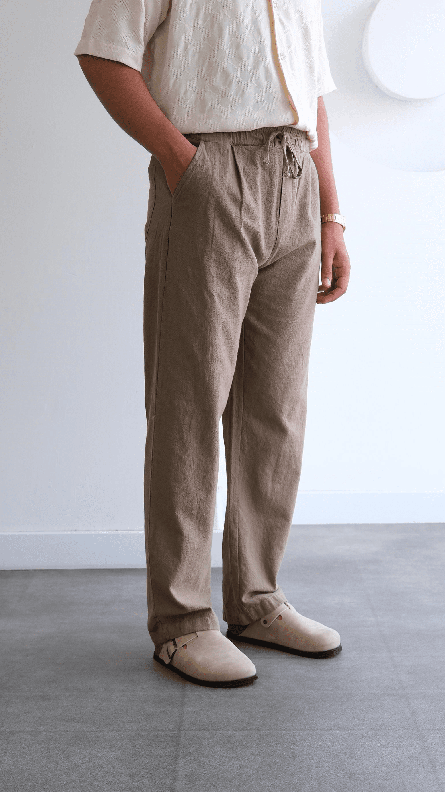 Kahve Baggy Keten Bağcıklı Pantolon