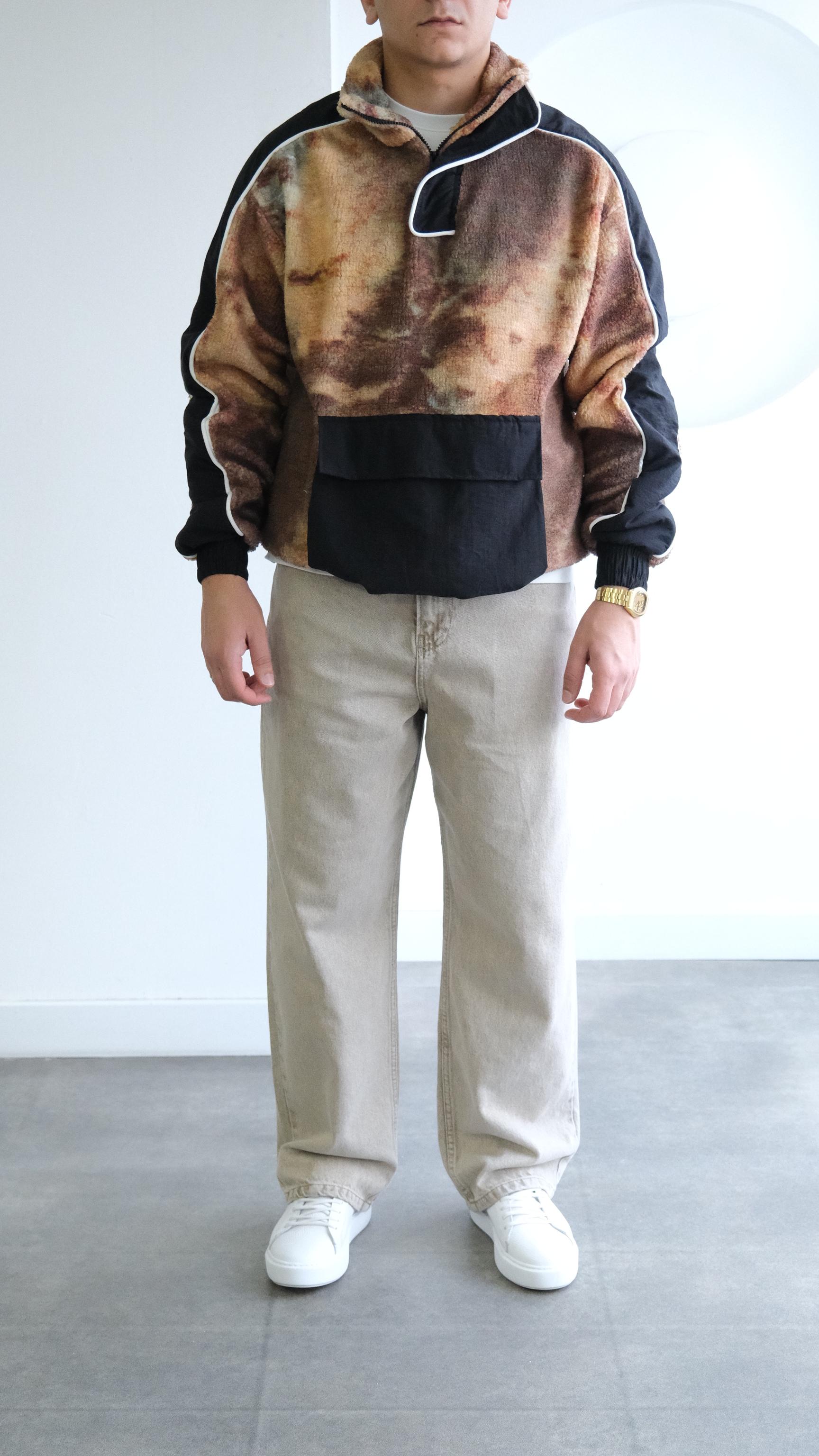 Kahve Desenli Dik Yaka Peluş Sweat