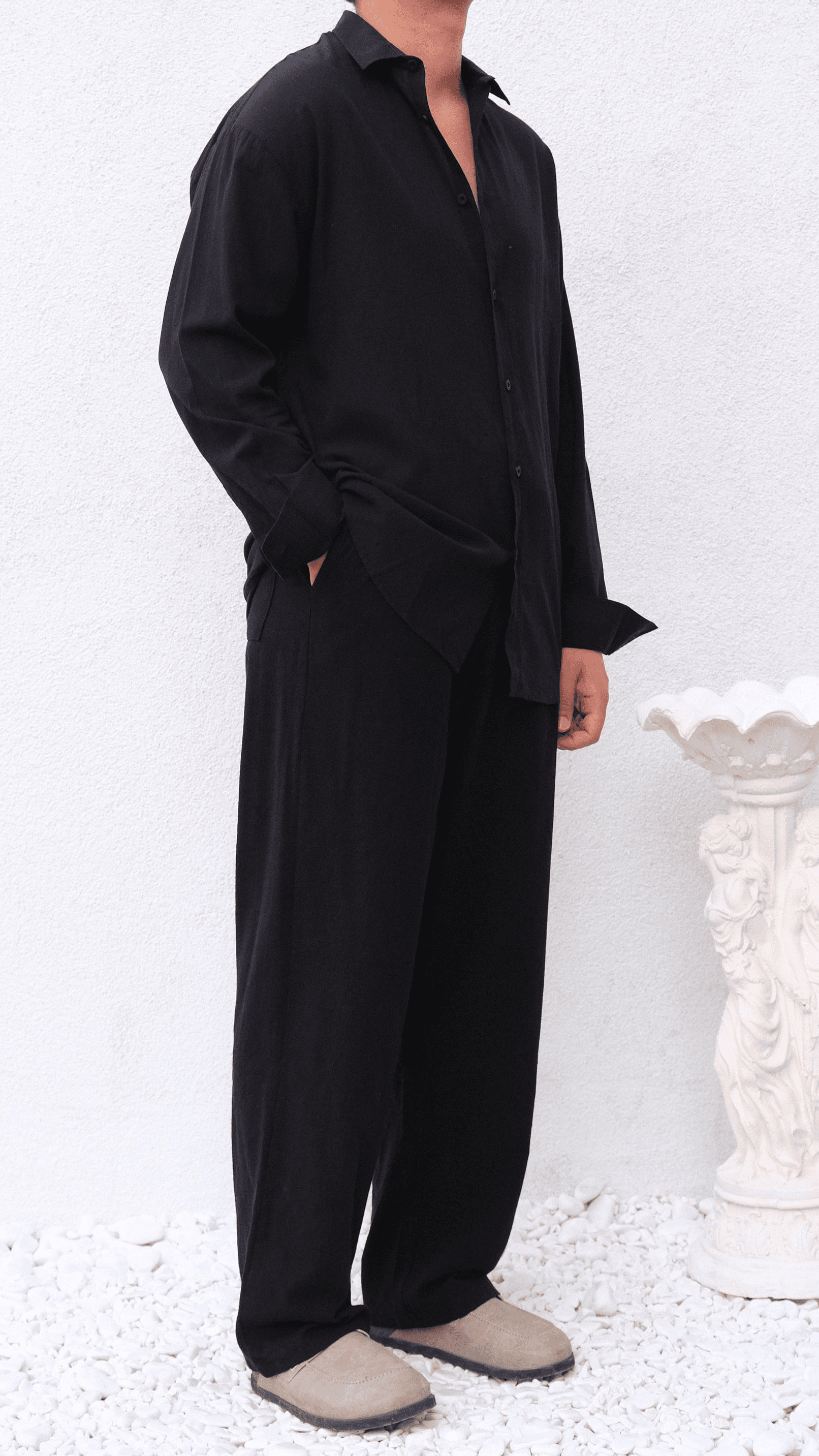 Siyah Bağcıklı Baggy Keten Pantolon
