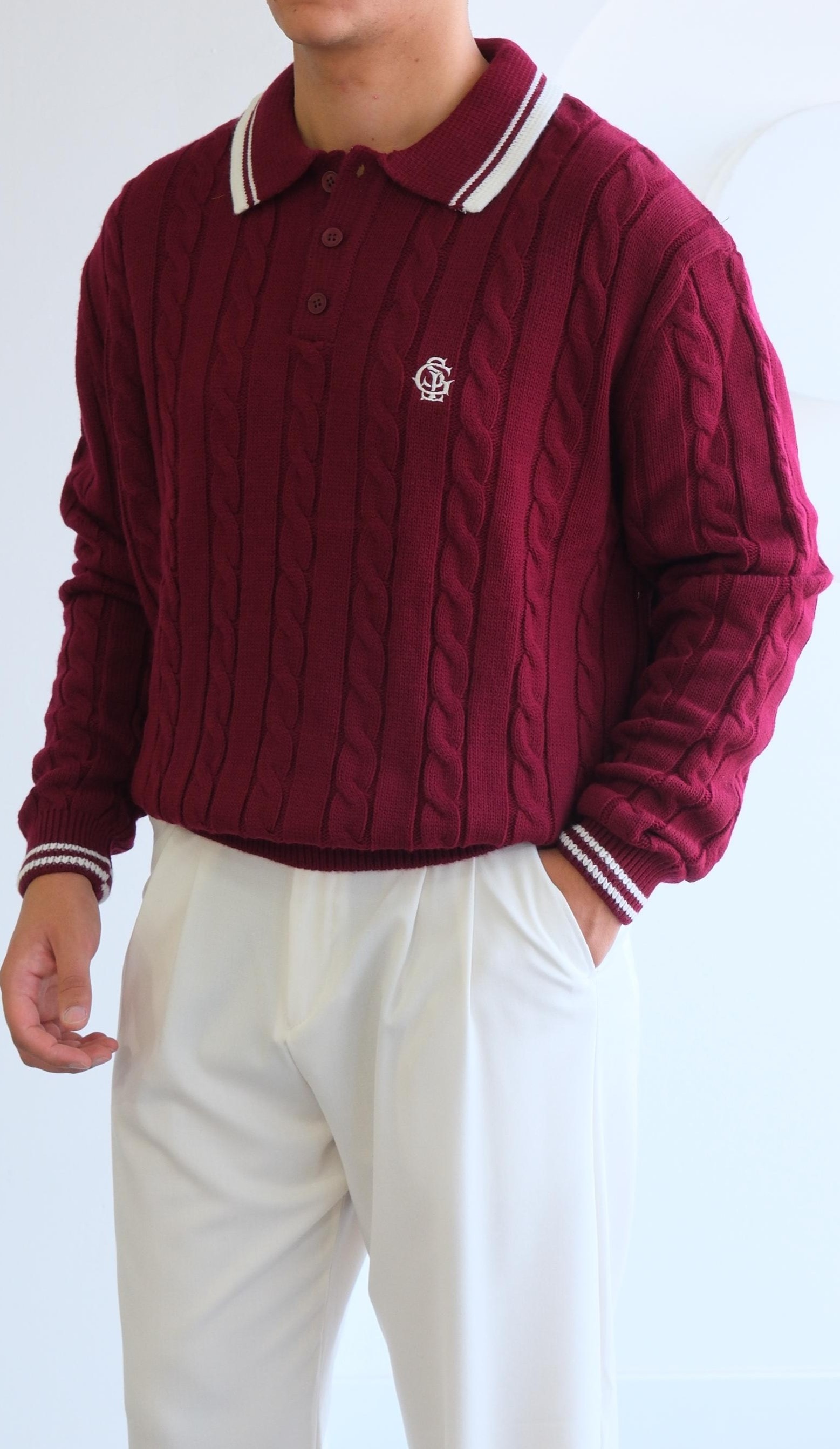 Saç Örgü Bordo/ Beyaz Polo Yaka Kazak