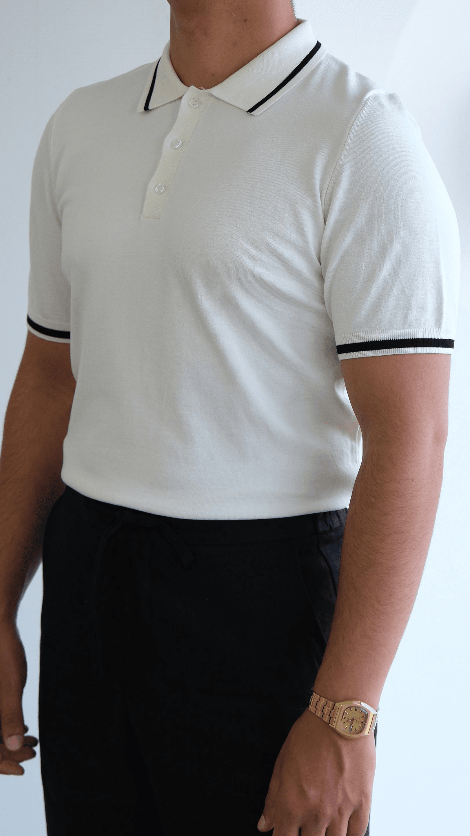 Ekru Polo Yaka Şeritli Triko Tshirt