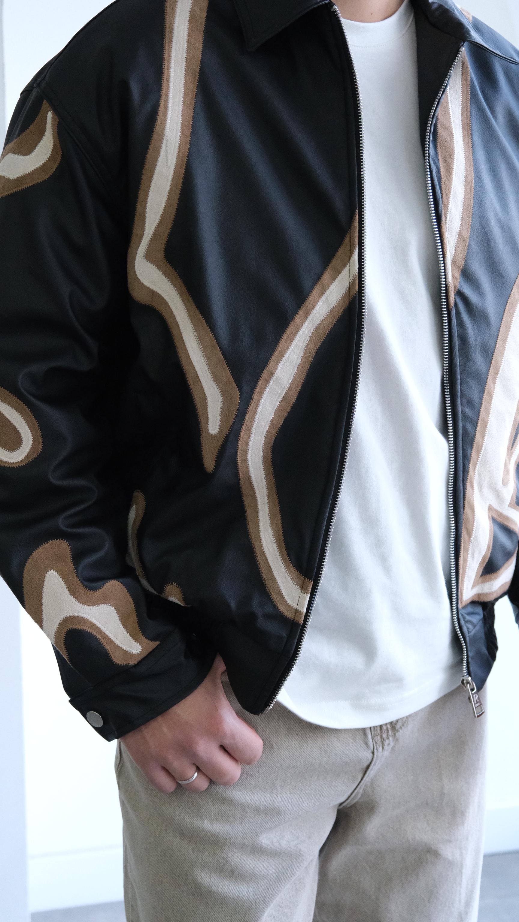 Baskı Detaylı Siyah Bomber Deri Ceket