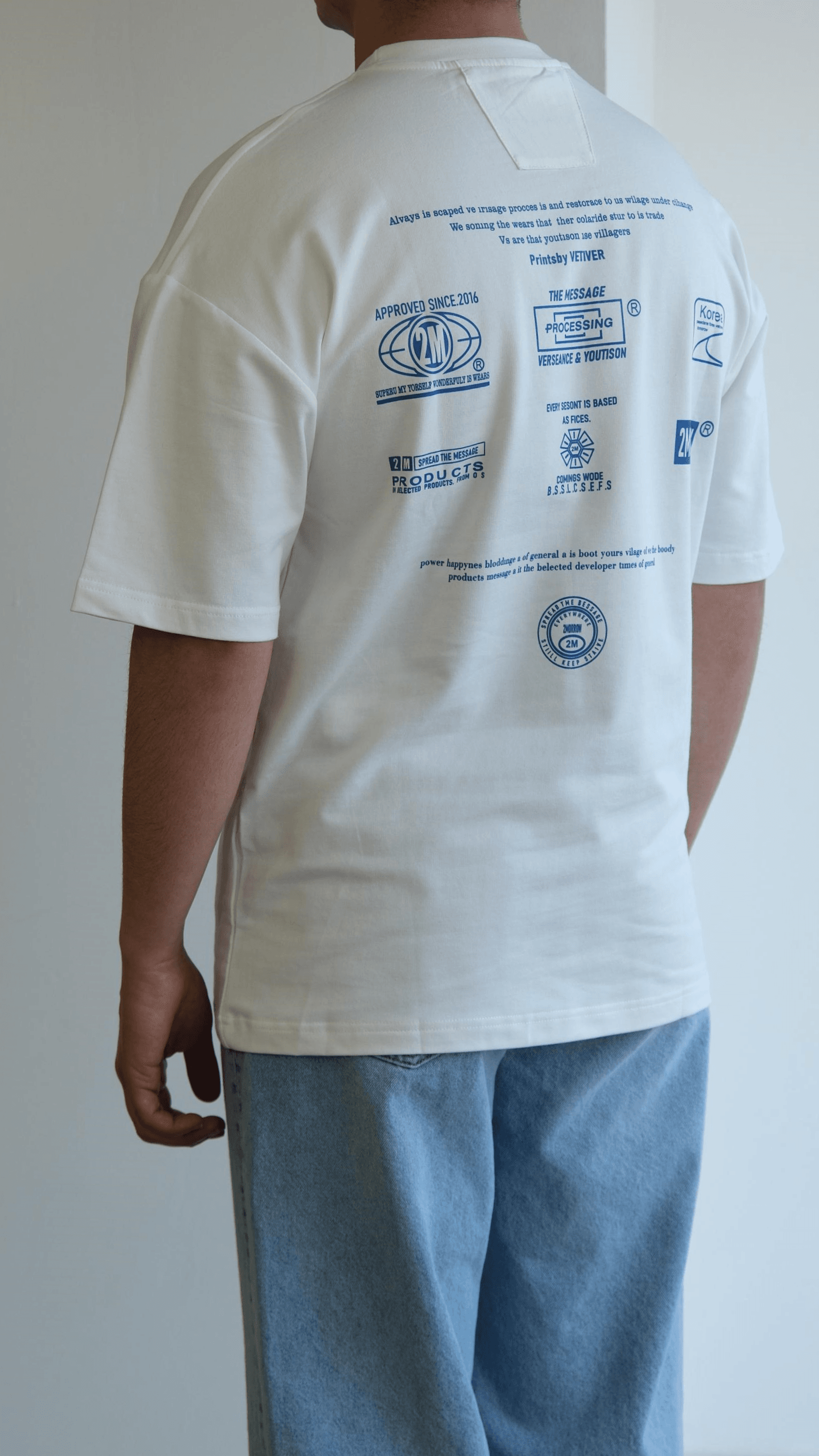 Mavi Baskılı Beyaz Oversize Tshirt