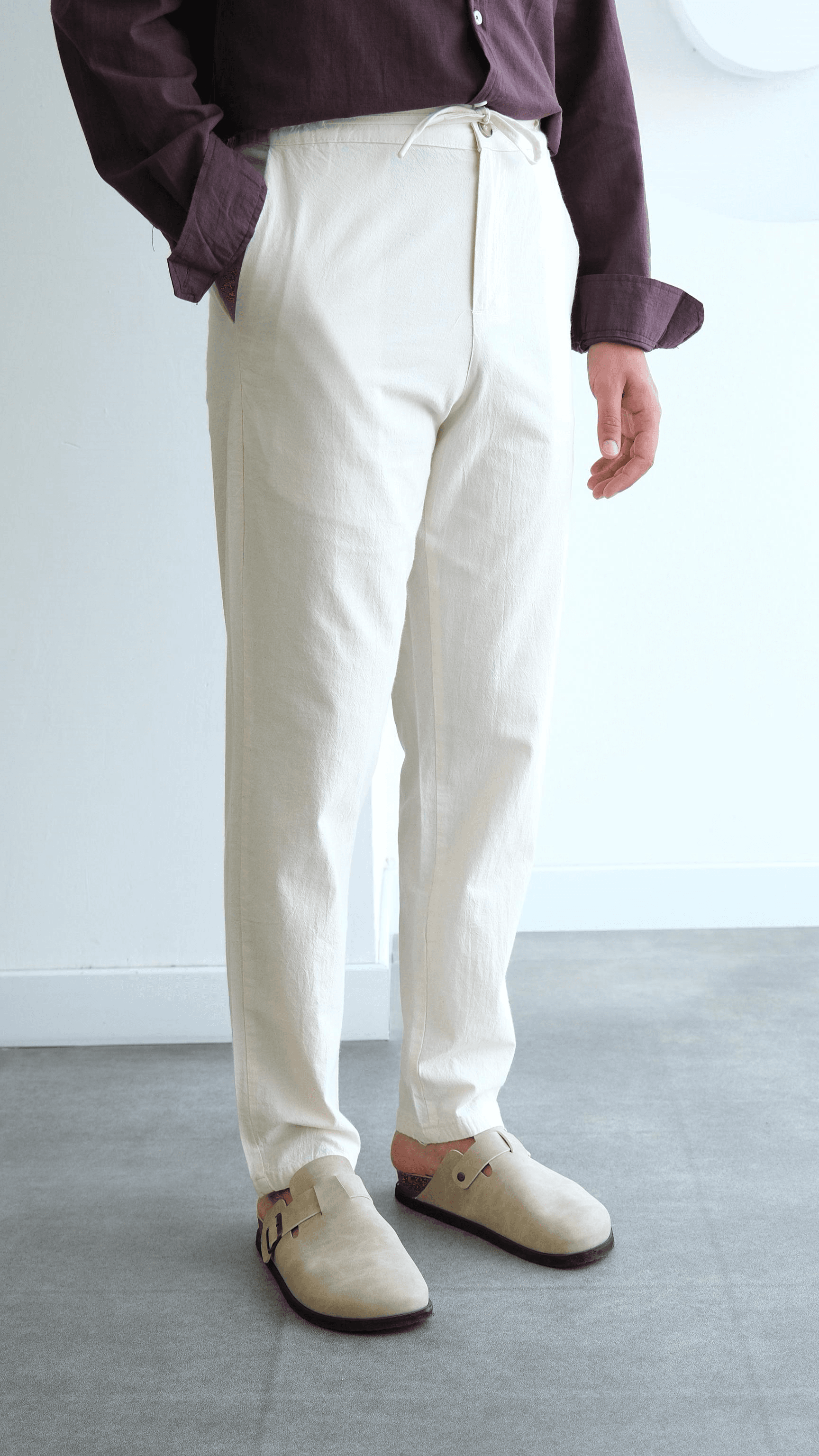Bej Regular Bağcıklı Keten Pantolon