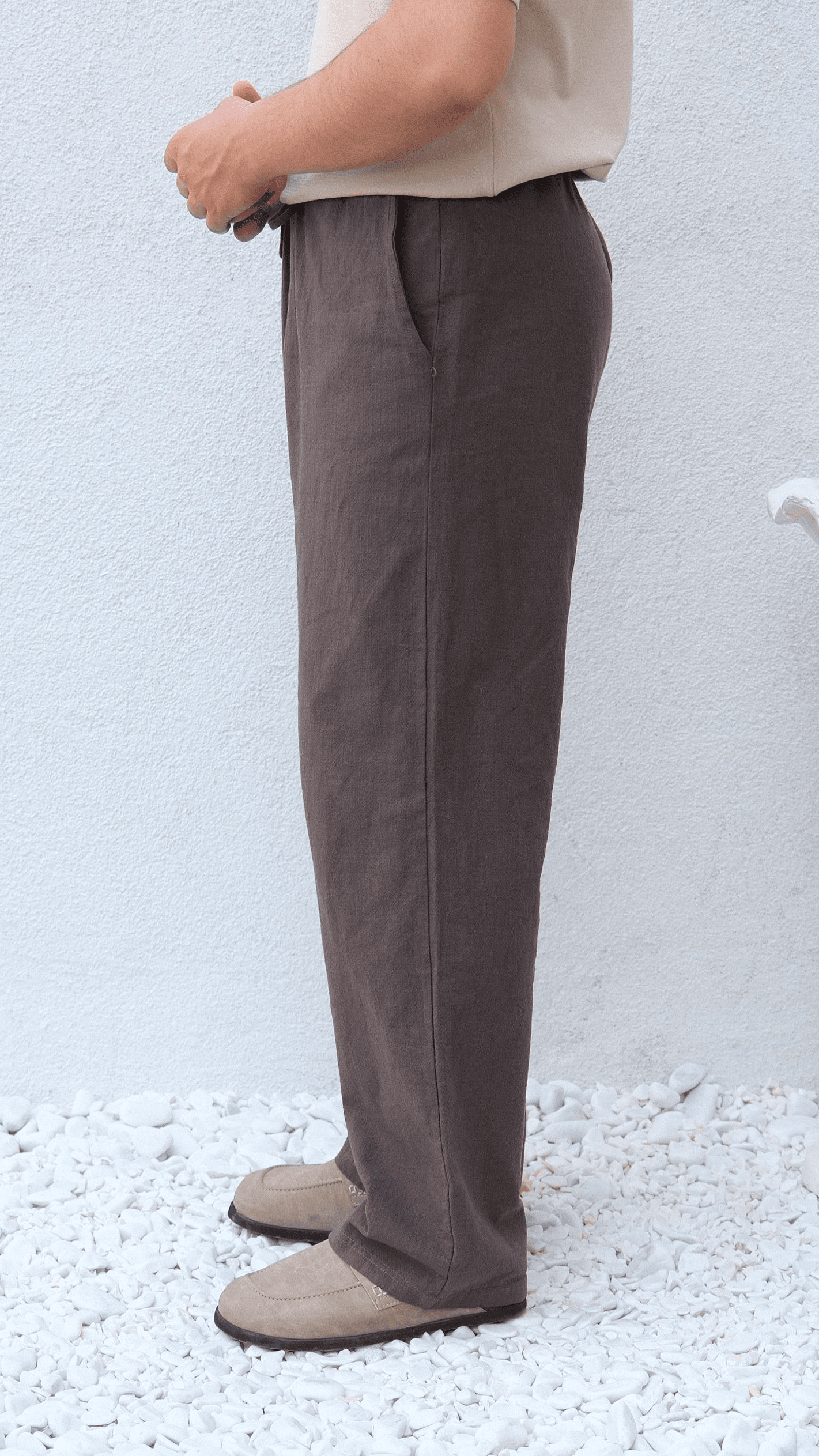 Kahve Bağcıklı Baggy Keten Pantolon