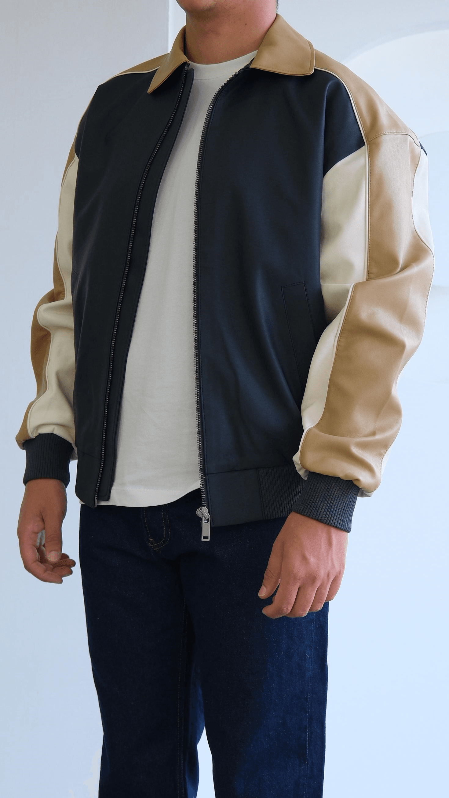 Kontrast Kamel/Lacivert Bomber Deri Ceket