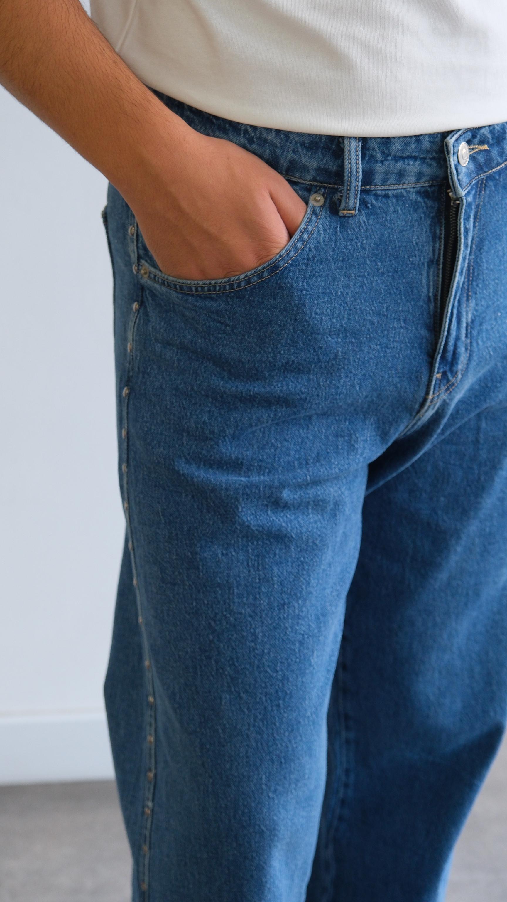 Metal Detaylı Mavi Baggy Jean