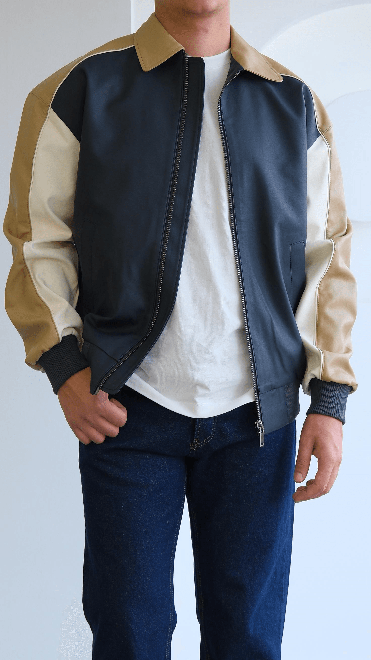 Kontrast Kamel/Lacivert Bomber Deri Ceket