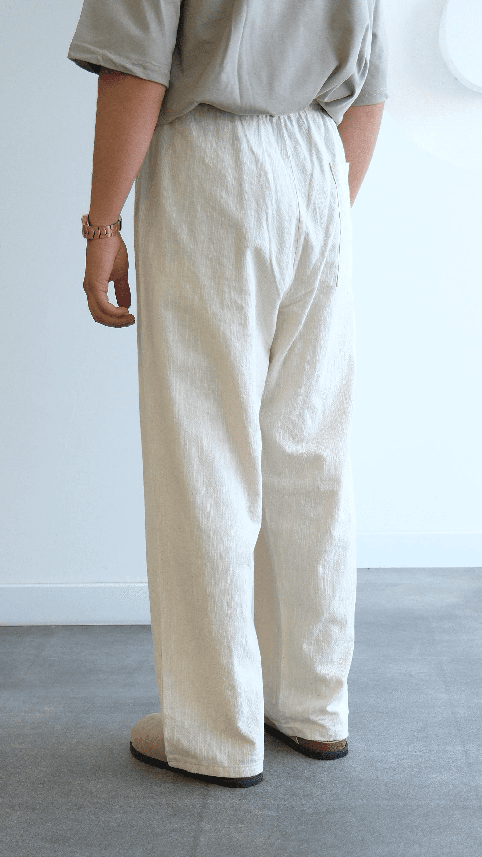 Krem Baggy Keten Bağcıklı Pantolon