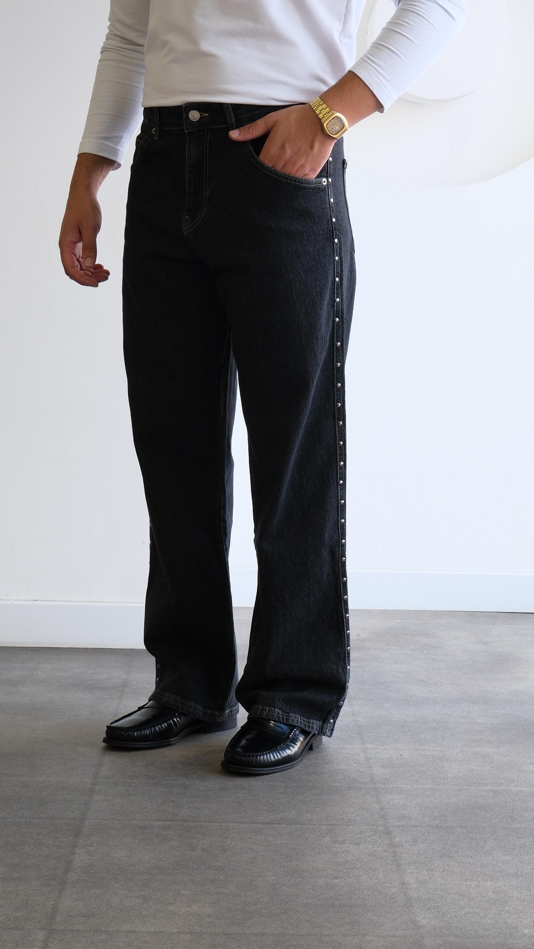 Metal Detaylı Gri Baggy Jean Pantolon