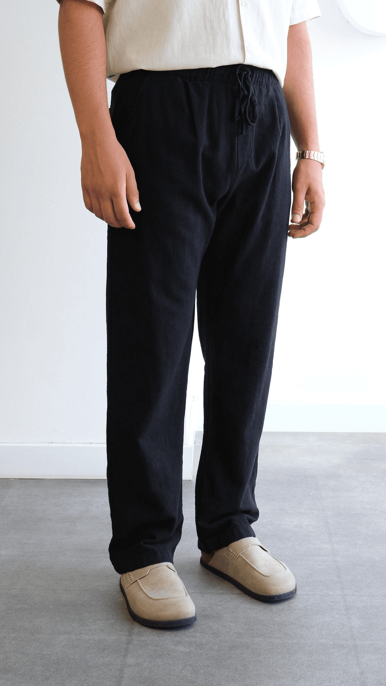 Siyah Baggy Pamuk Keten Pantolon