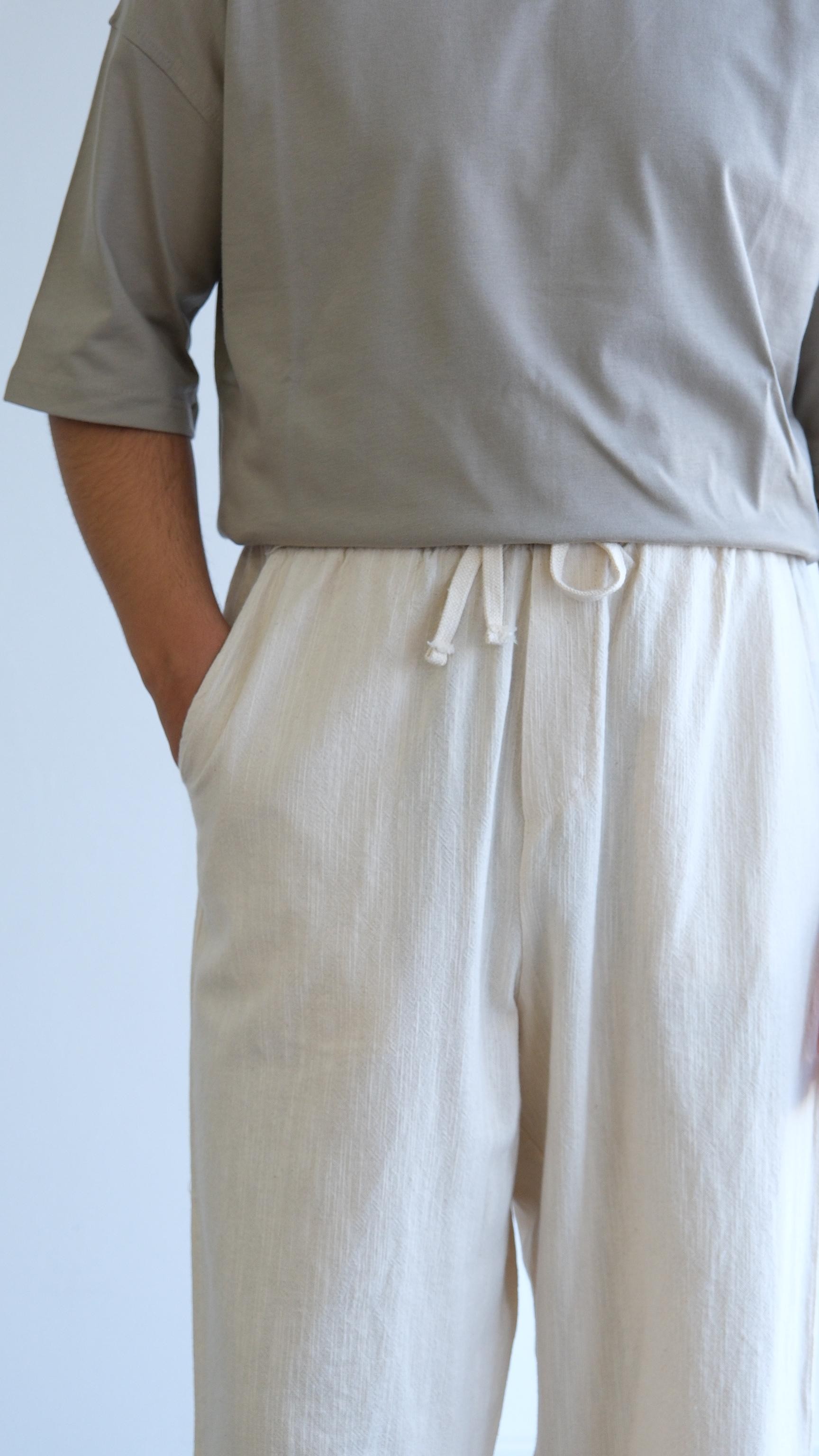 Krem Baggy Keten Bağcıklı Pantolon