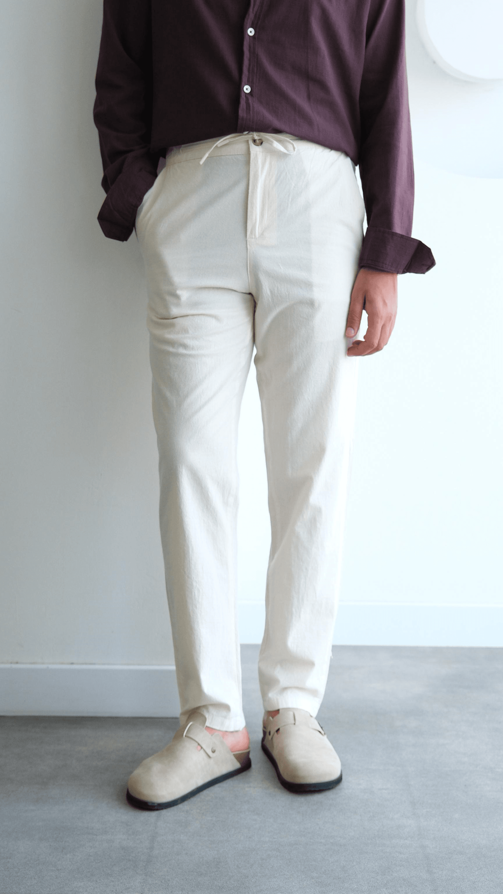 Bej Regular Bağcıklı Keten Pantolon