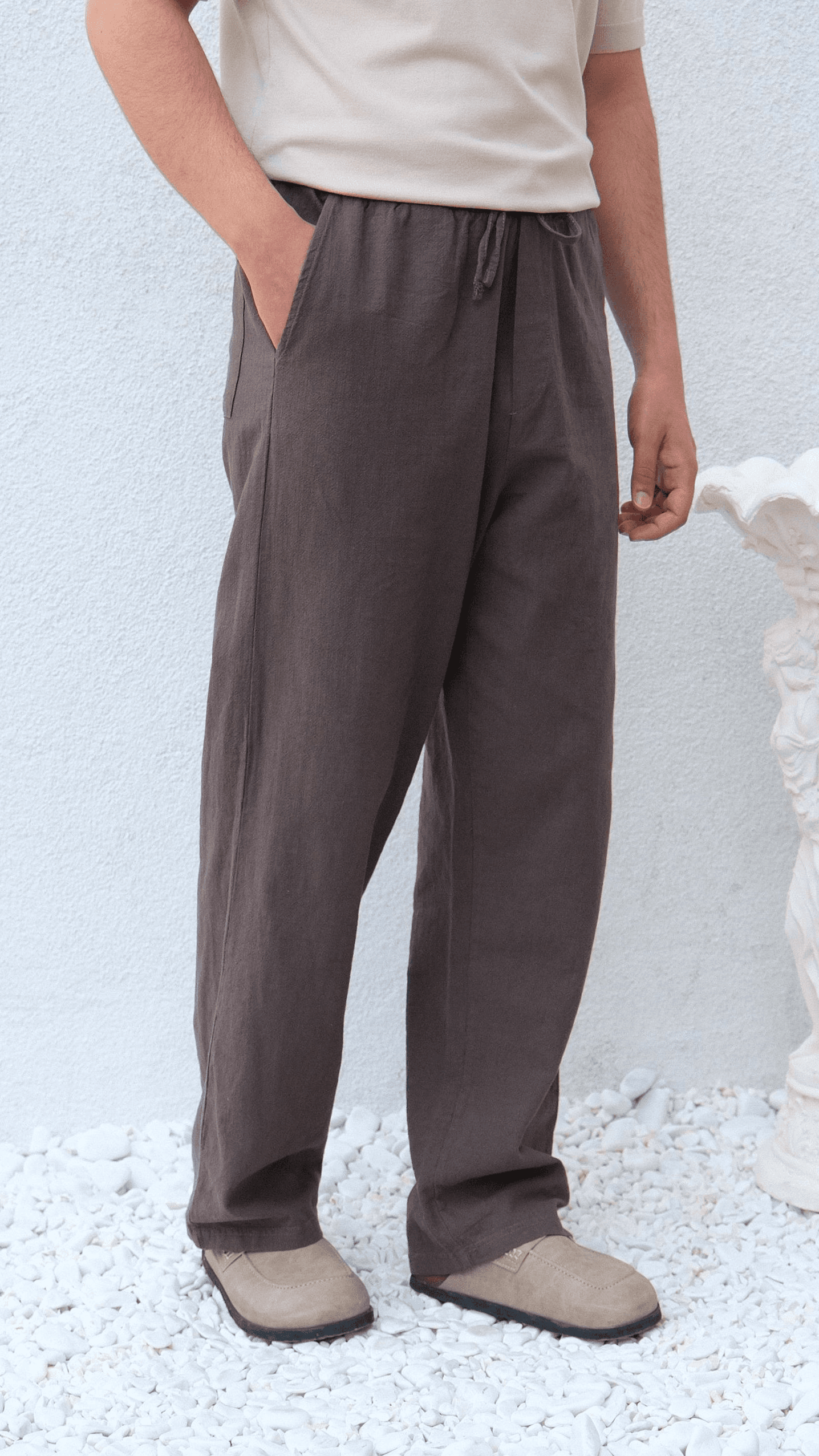 Kahve Bağcıklı Baggy Keten Pantolon