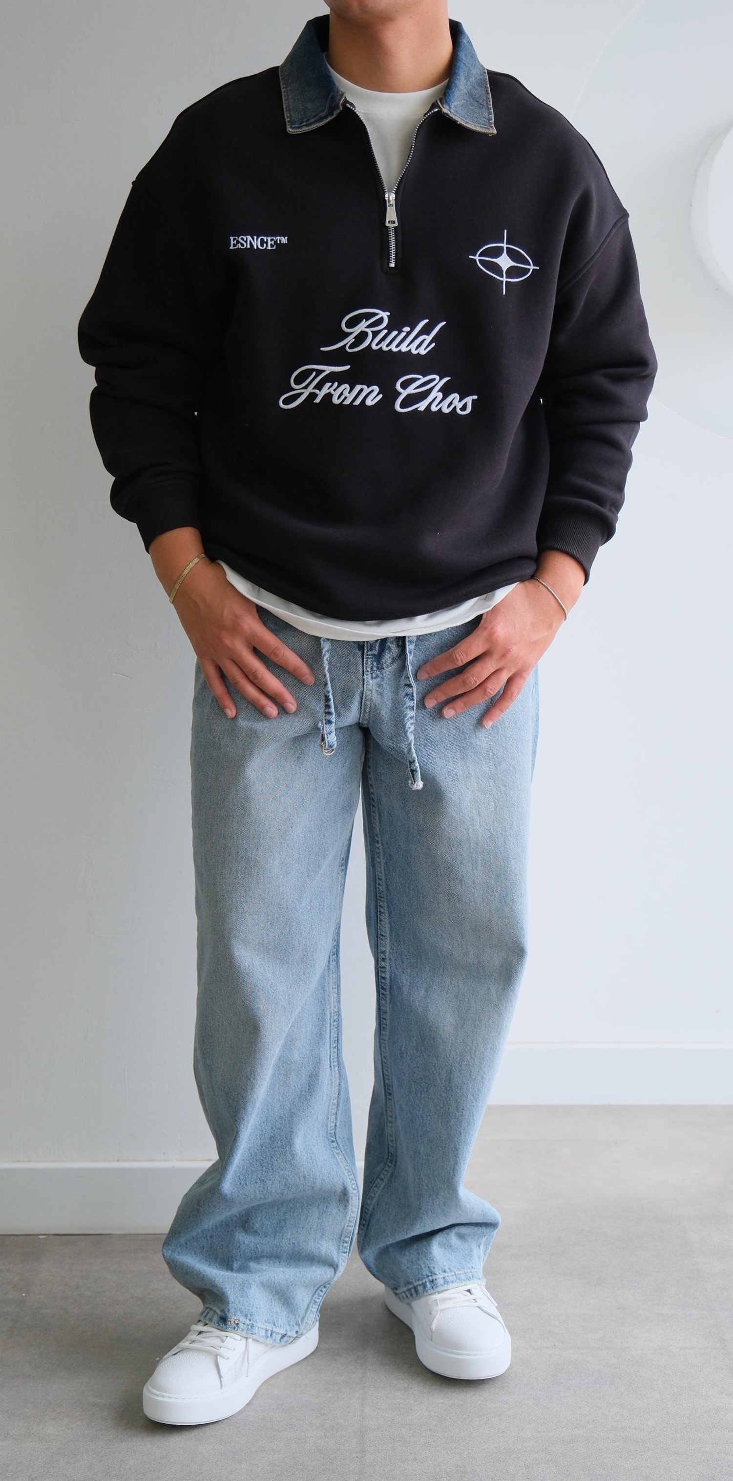 Fermuarlı Kot Polo Yaka Siyah Sweat