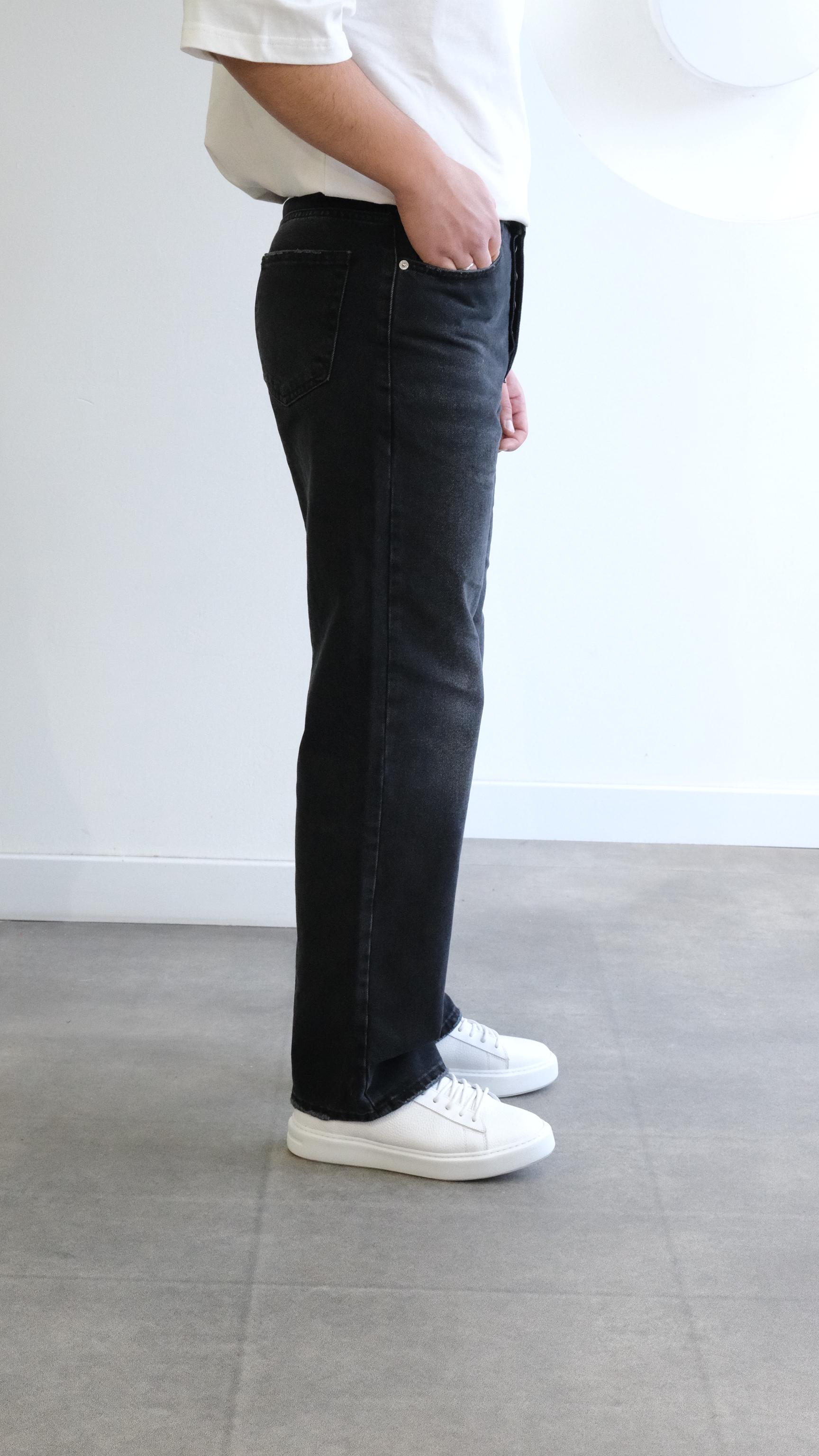 Yıkamalı Koyu Gri Baggy Jean Pantolon