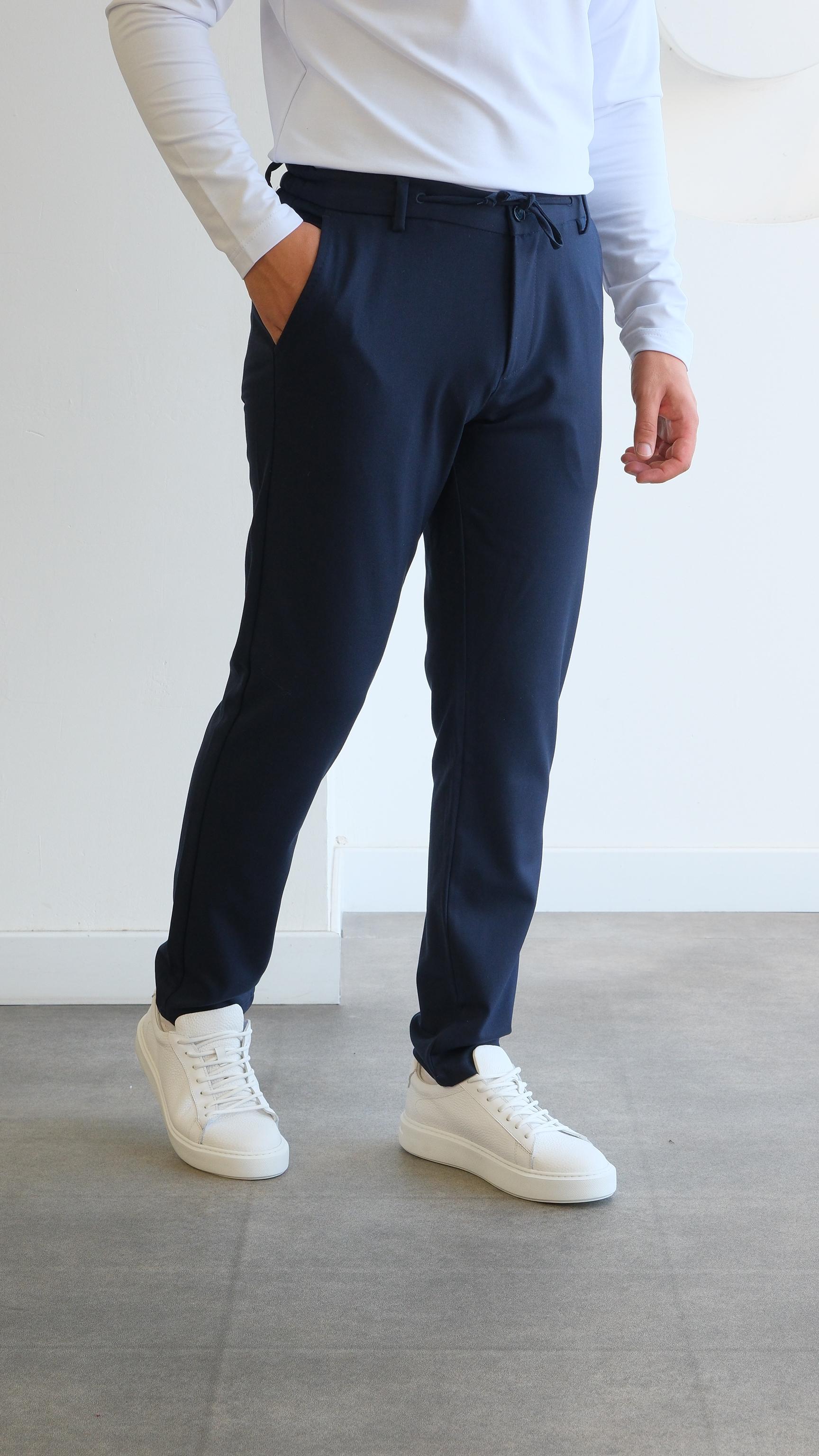 Lacivert Regular Belden Bağcıklı Kumaş Pantolon