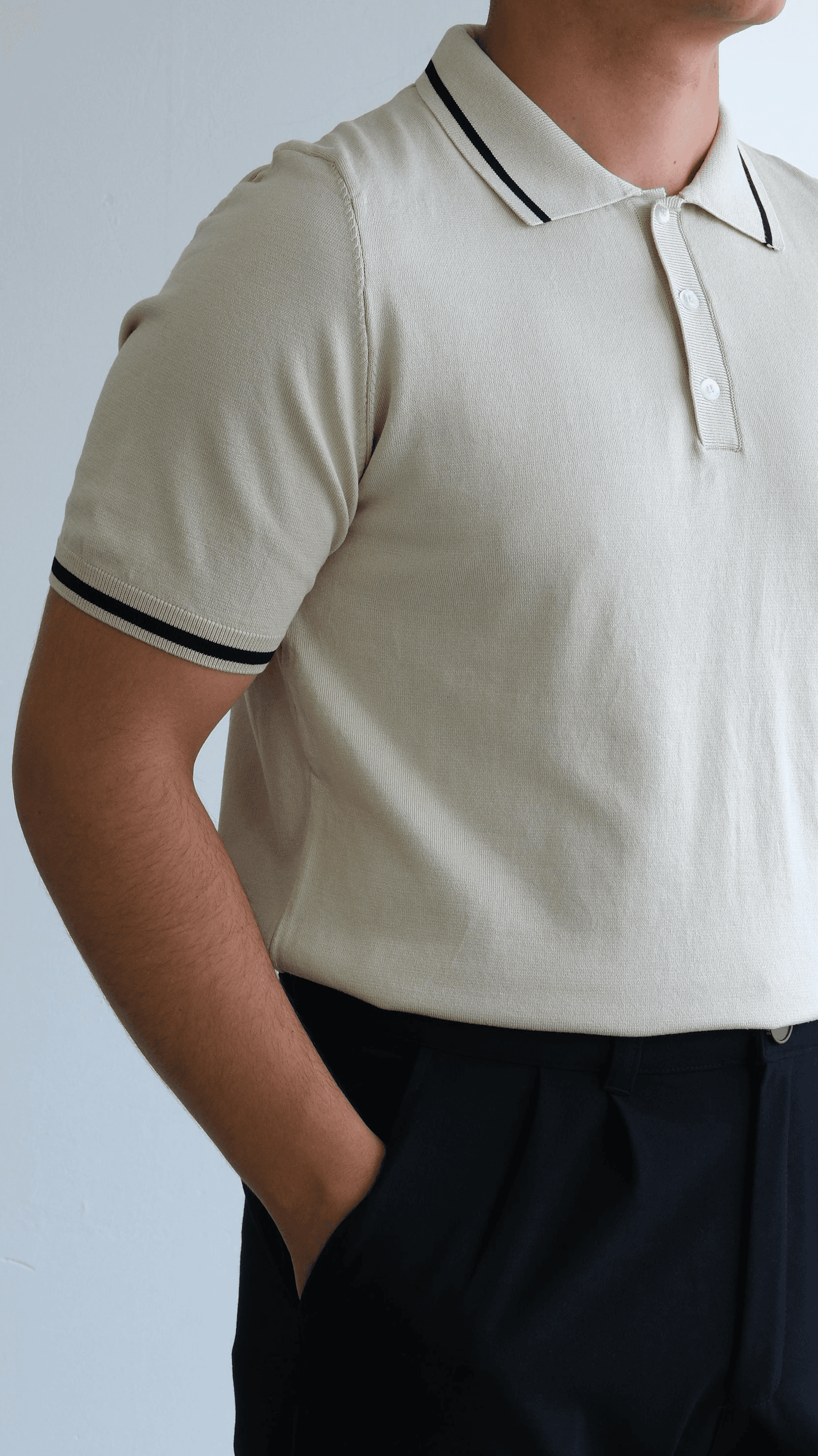 Bej Polo Yaka Şeritli Triko Tshirt