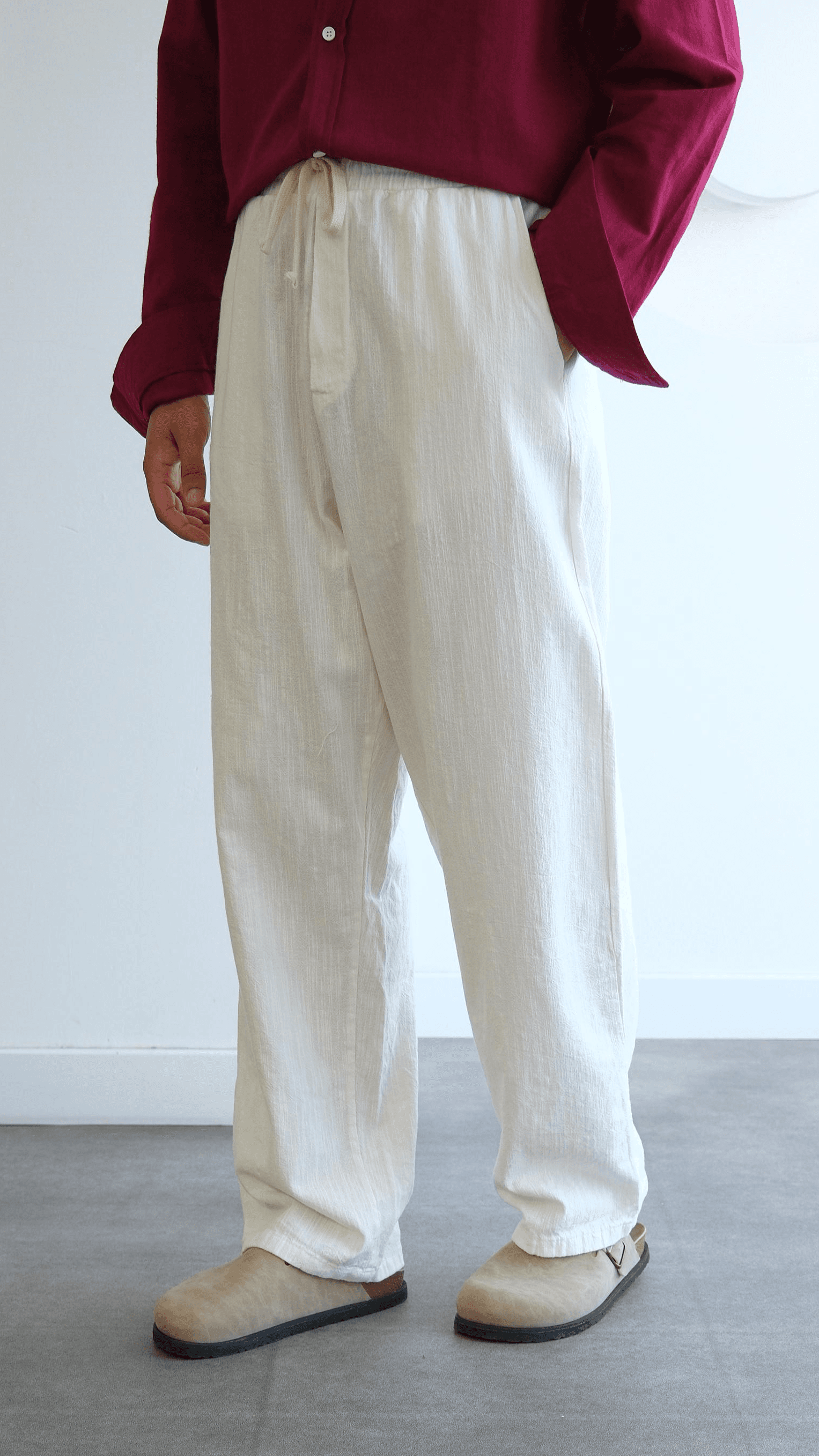 Beyaz Baggy Keten Bağcıklı Pantolon
