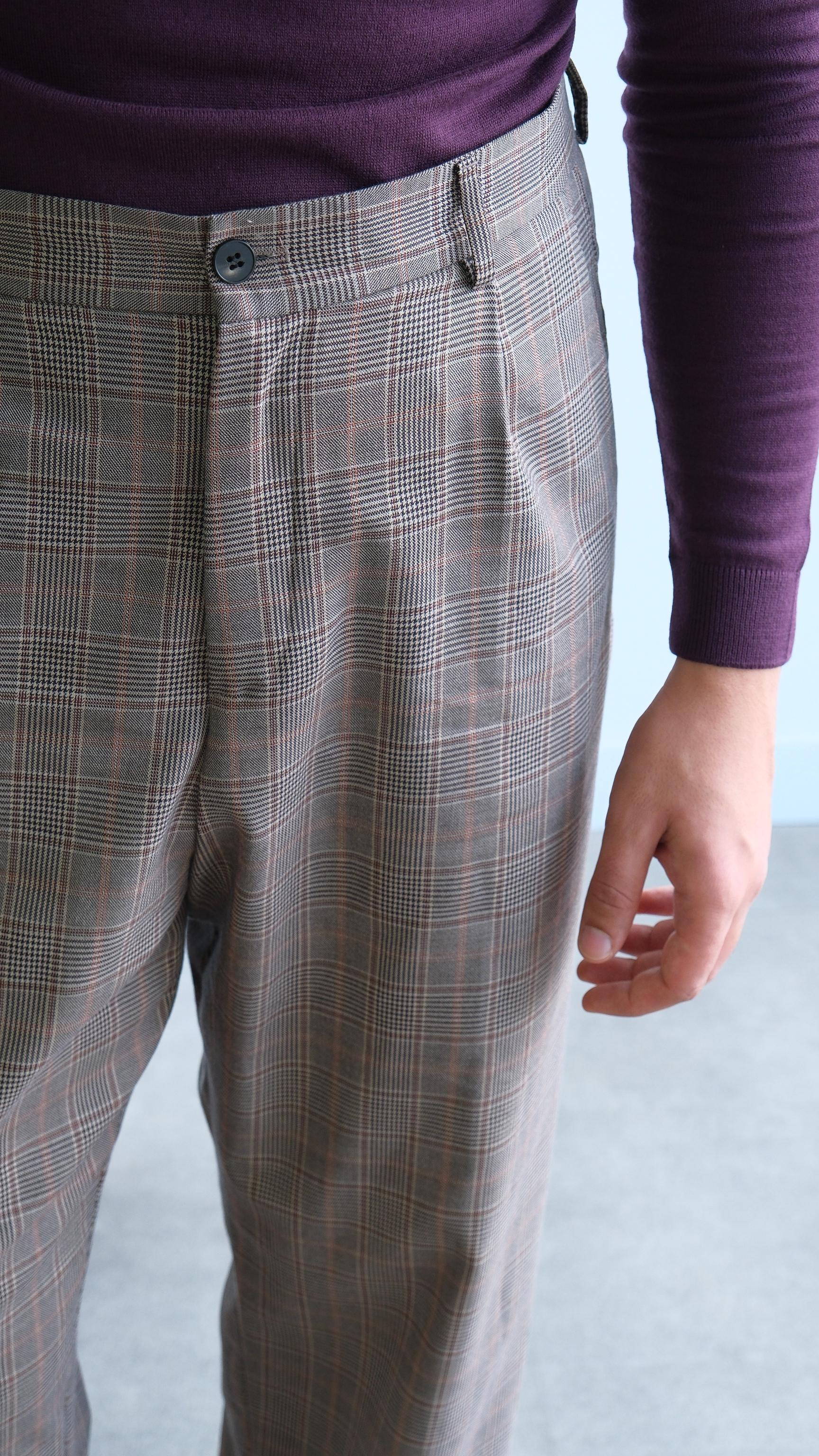 Kahve Ekose Desenli RelaX Crop Fıt Takım Elbise