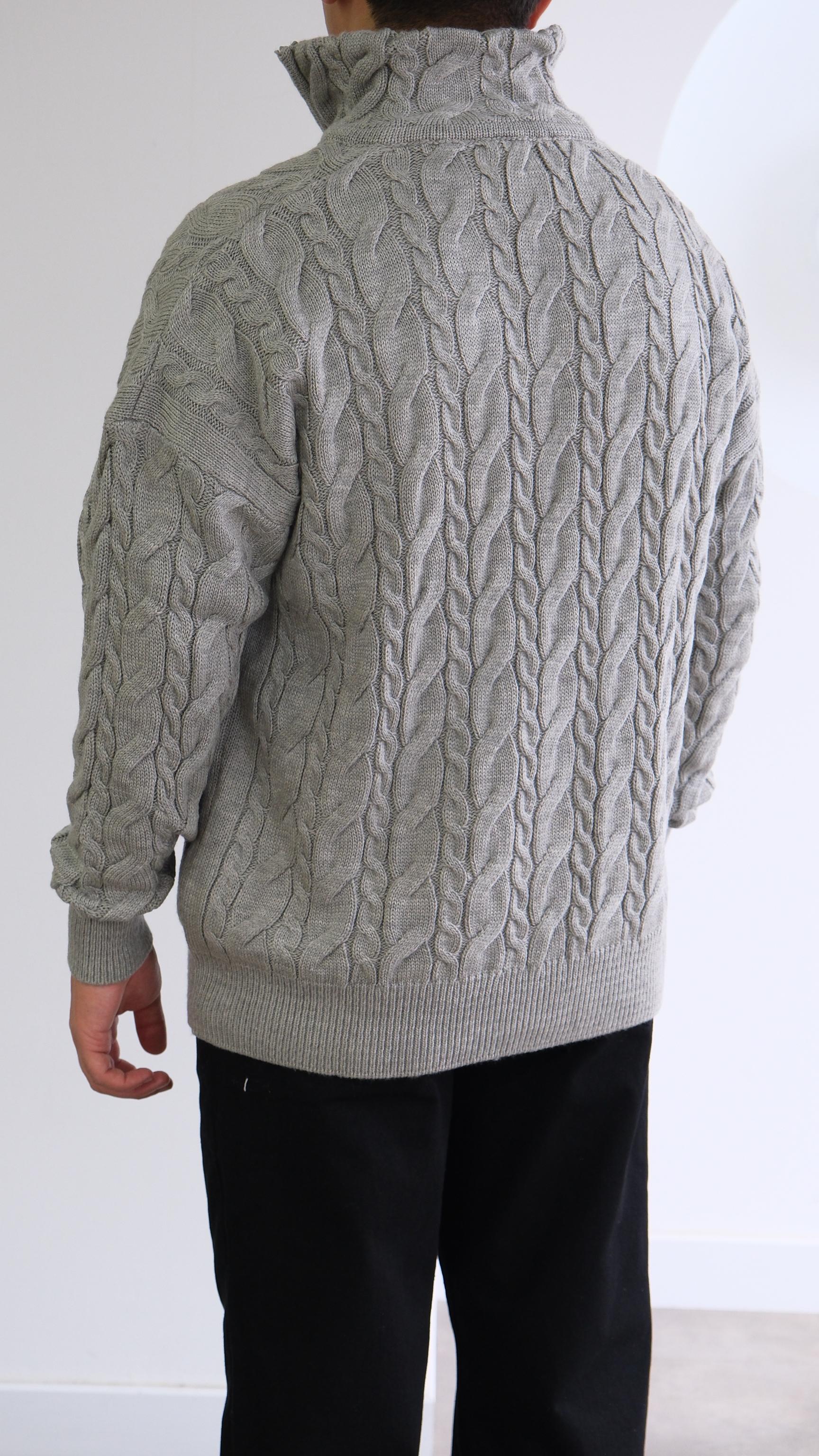 Gri Balıkçı Yaka Saç Örgü Kazak