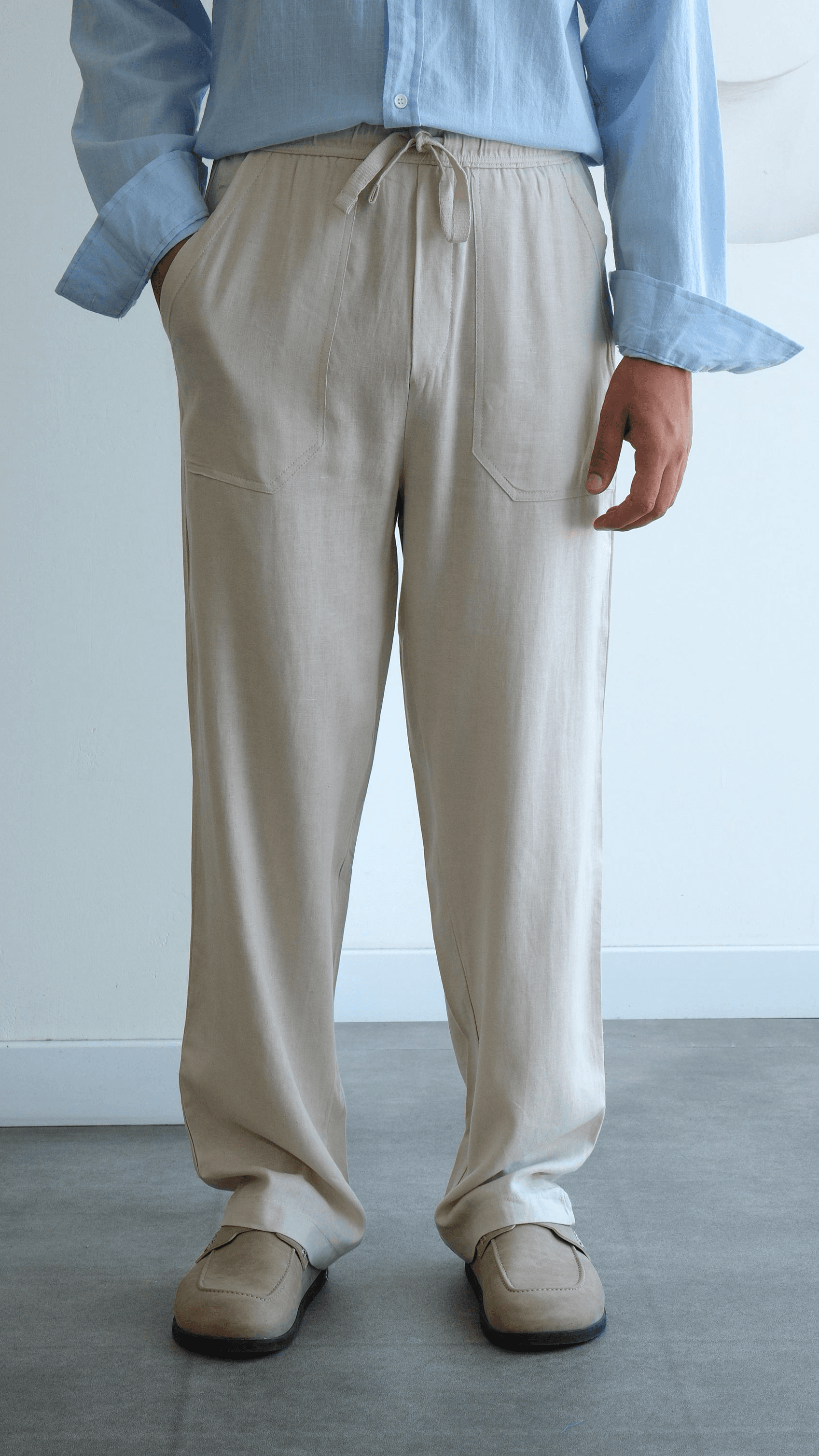 Bej Baggy Keten Pantolon 