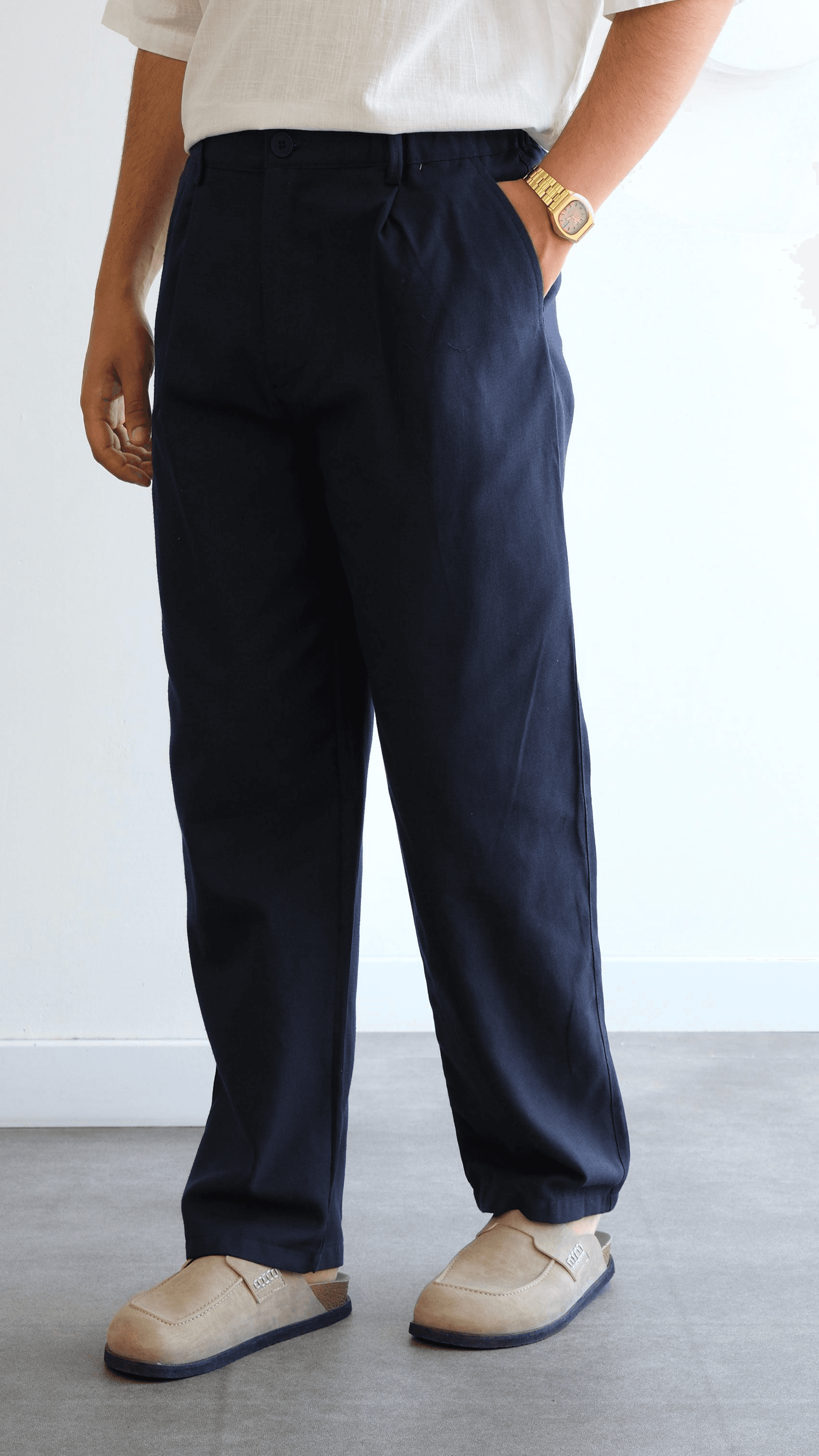 Lacivert Baggy Keten Pantolon