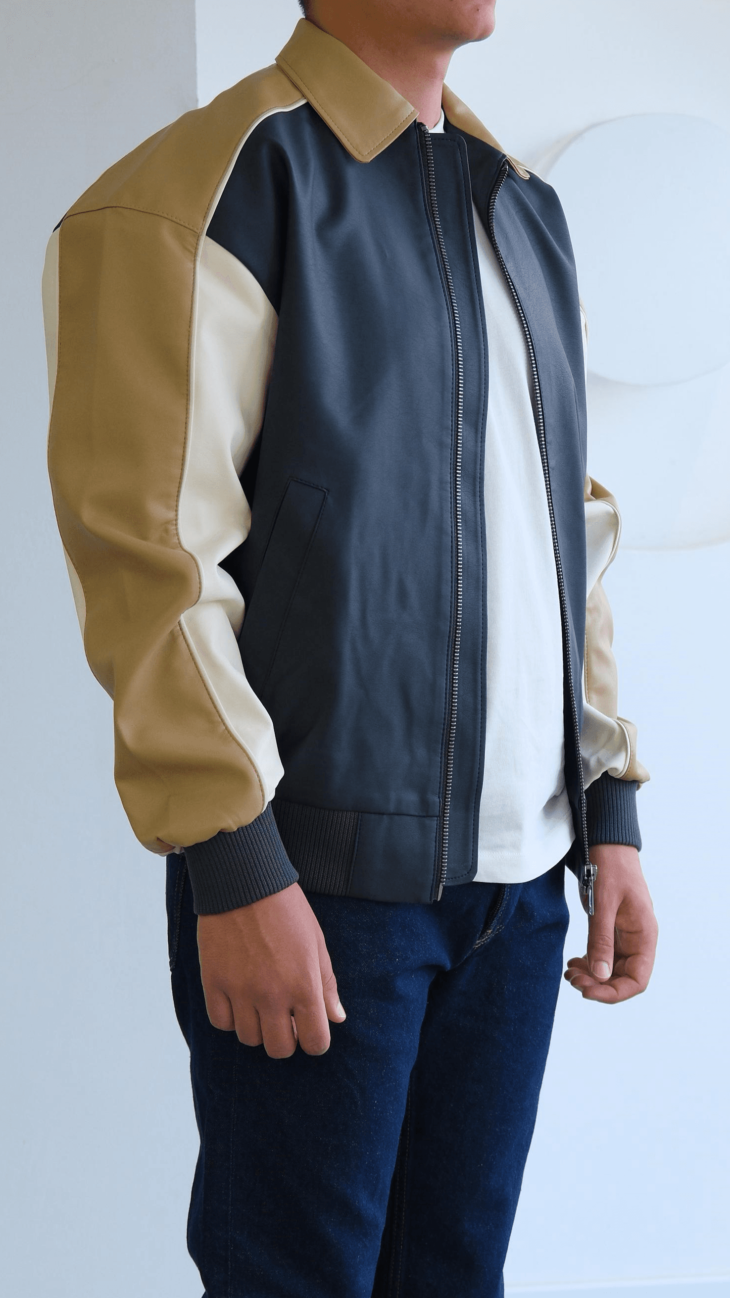 Kontrast Kamel/Lacivert Bomber Deri Ceket