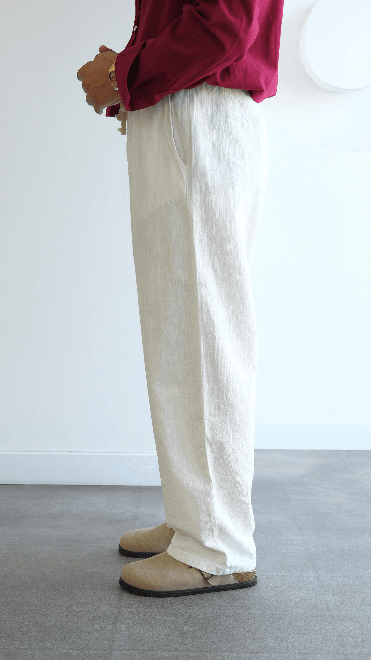 Beyaz Baggy Keten Bağcıklı Pantolon