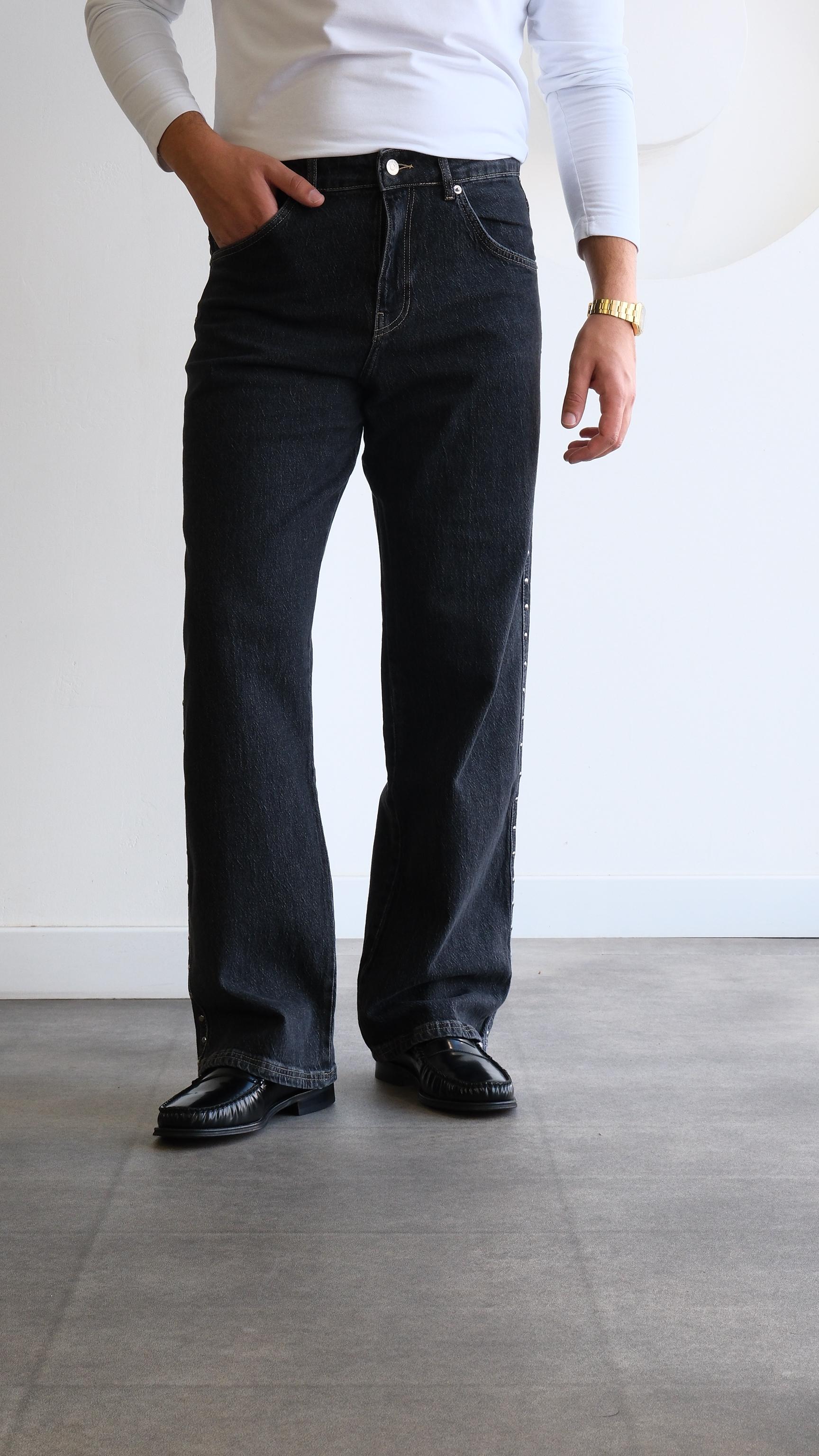Metal Detaylı Gri Baggy Jean Pantolon