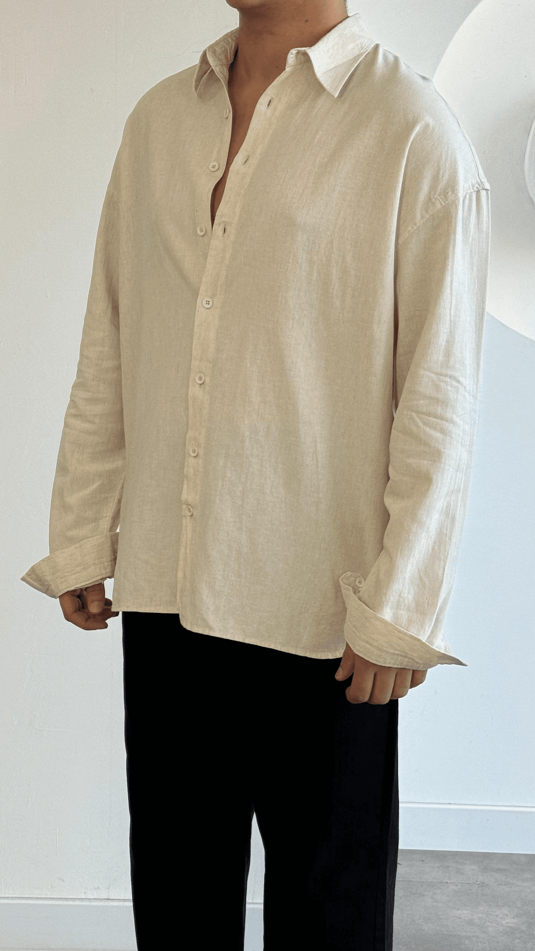 Bej Oversize Keten Gömlek