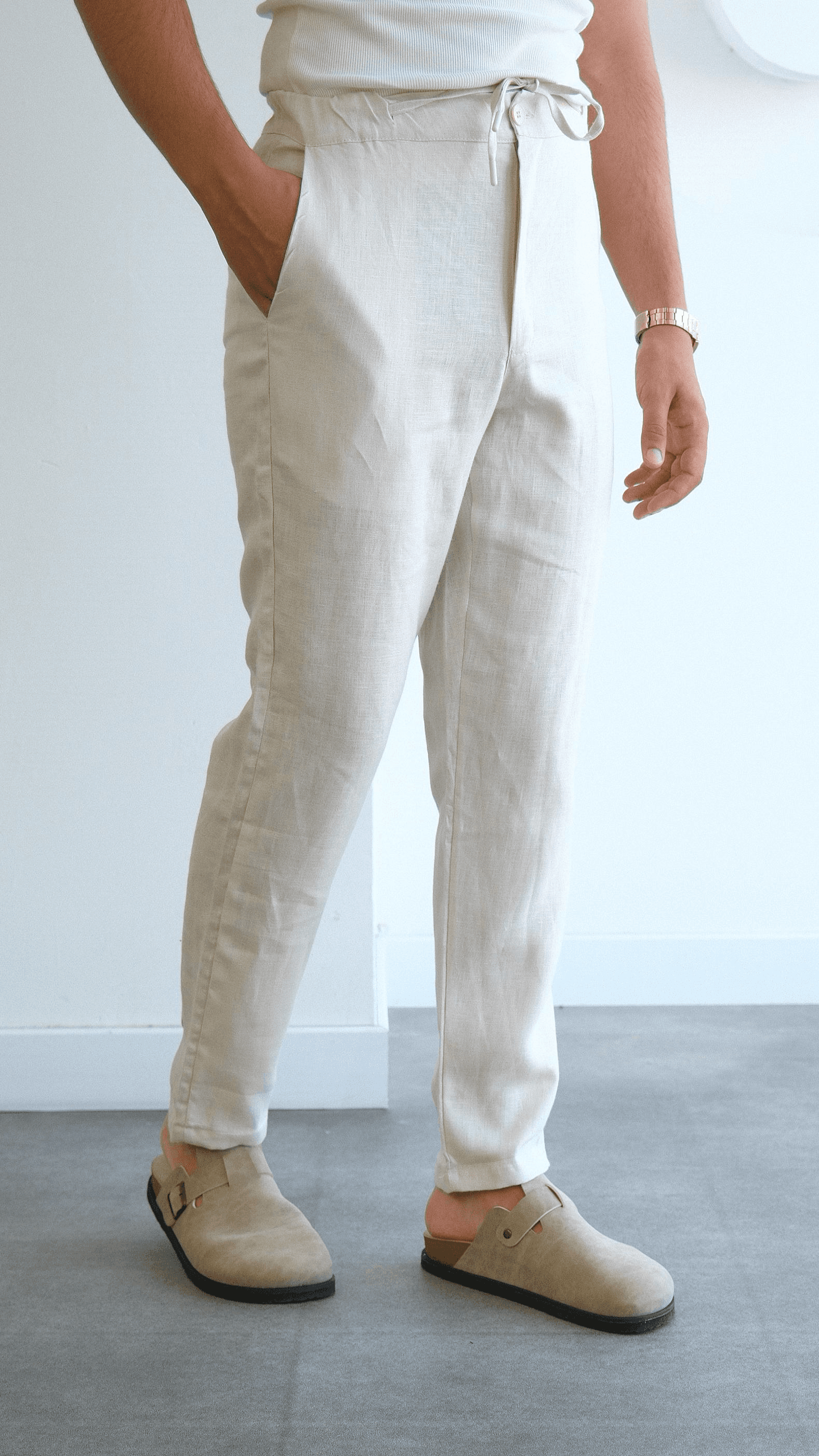 Regular Fit Ekru Keten Pantolon