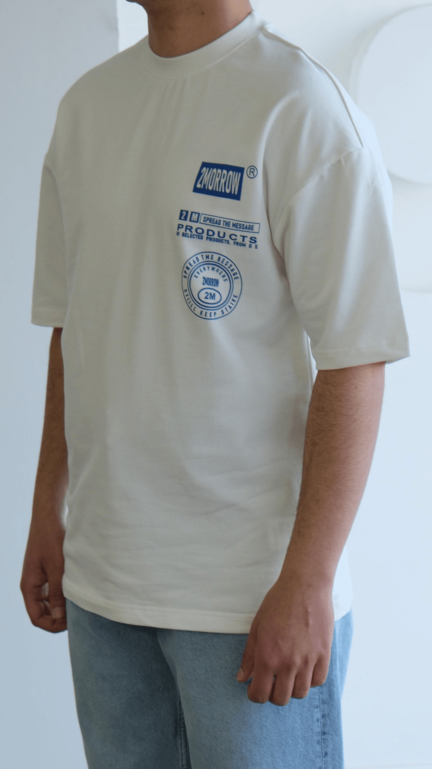Mavi Baskılı Beyaz Oversize Tshirt