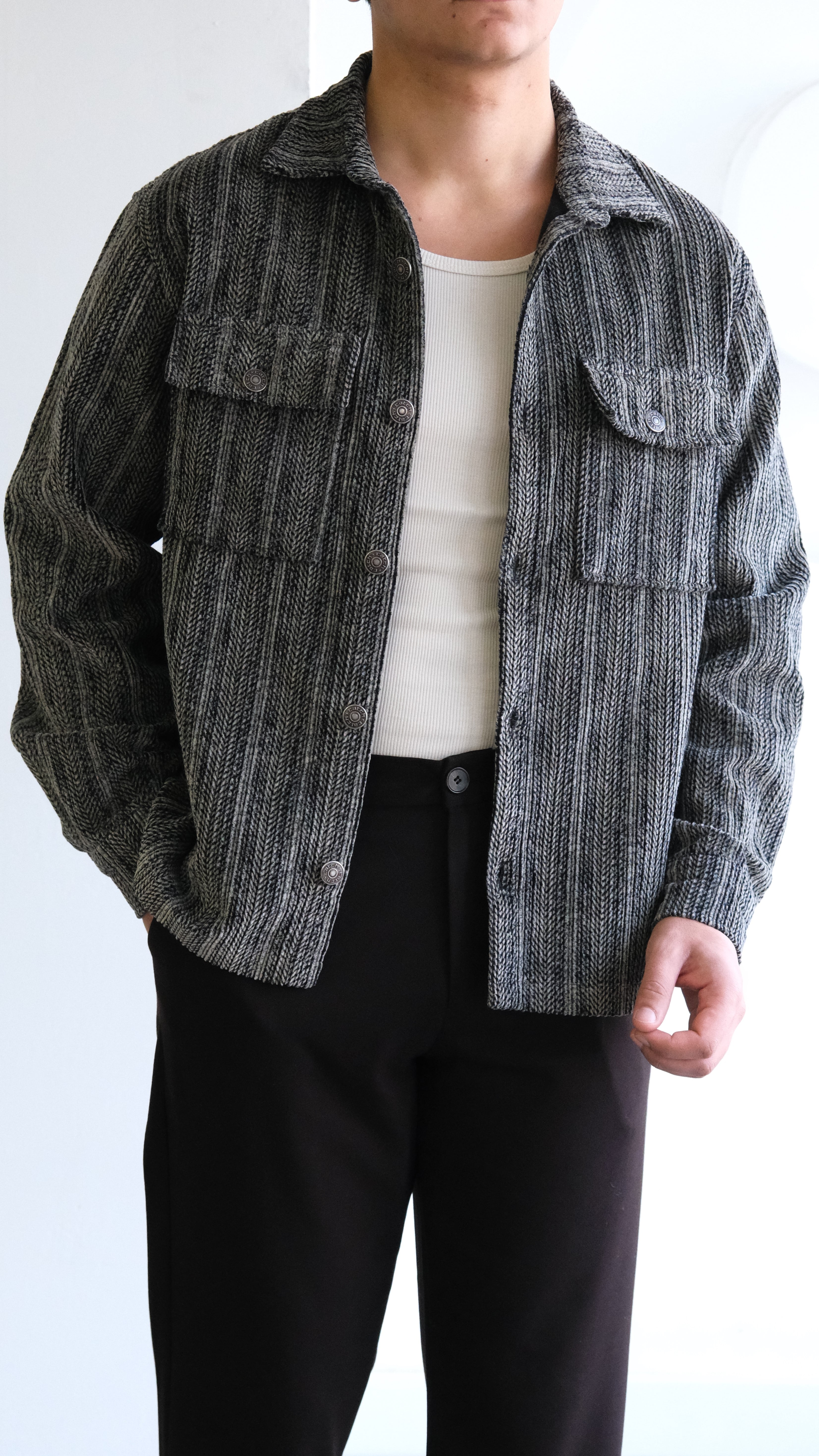 Siyah Şeritli Cepli Jakar Gömlek Ceket